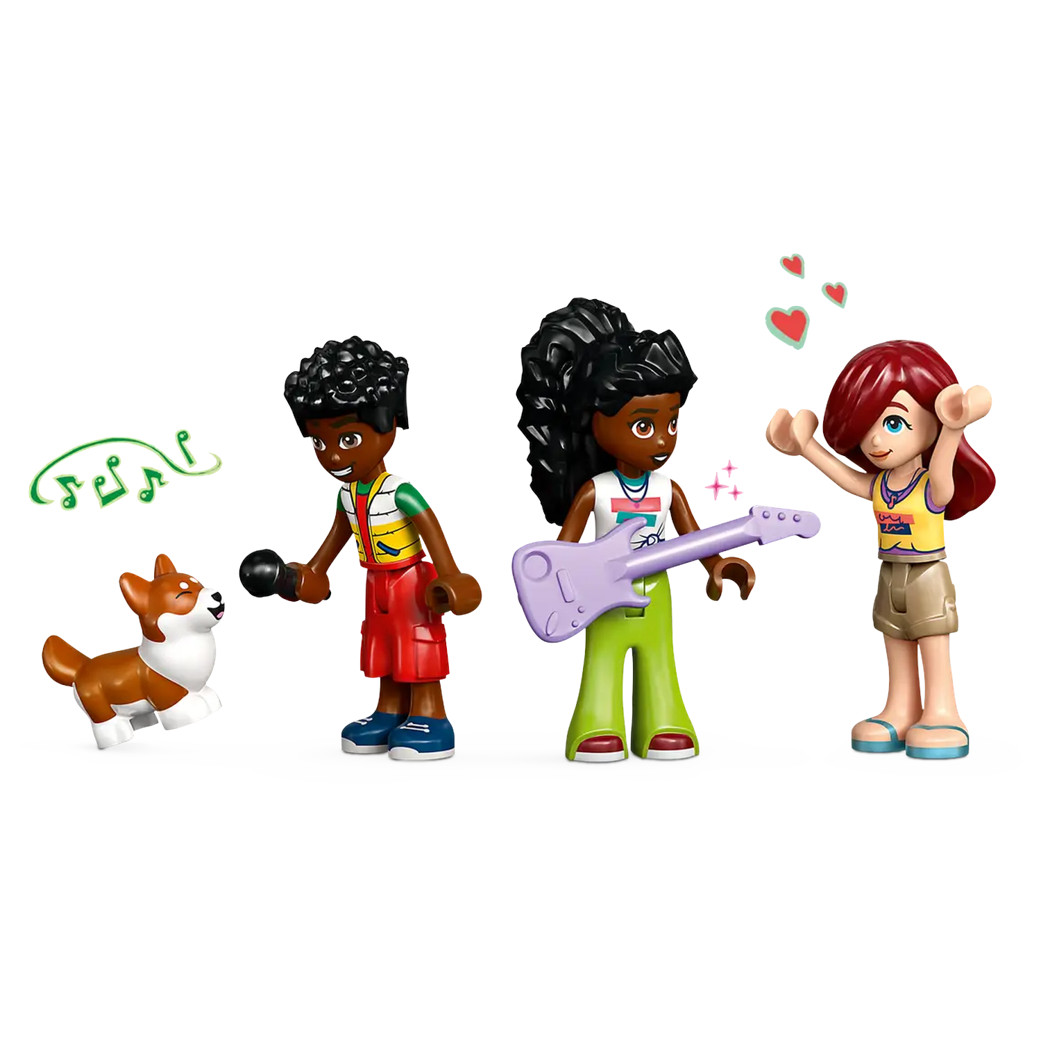 Lego Friends set. Three figures, one with a guitar, one singing, and one with arms raised. A dog barks. Green music notes and hearts.