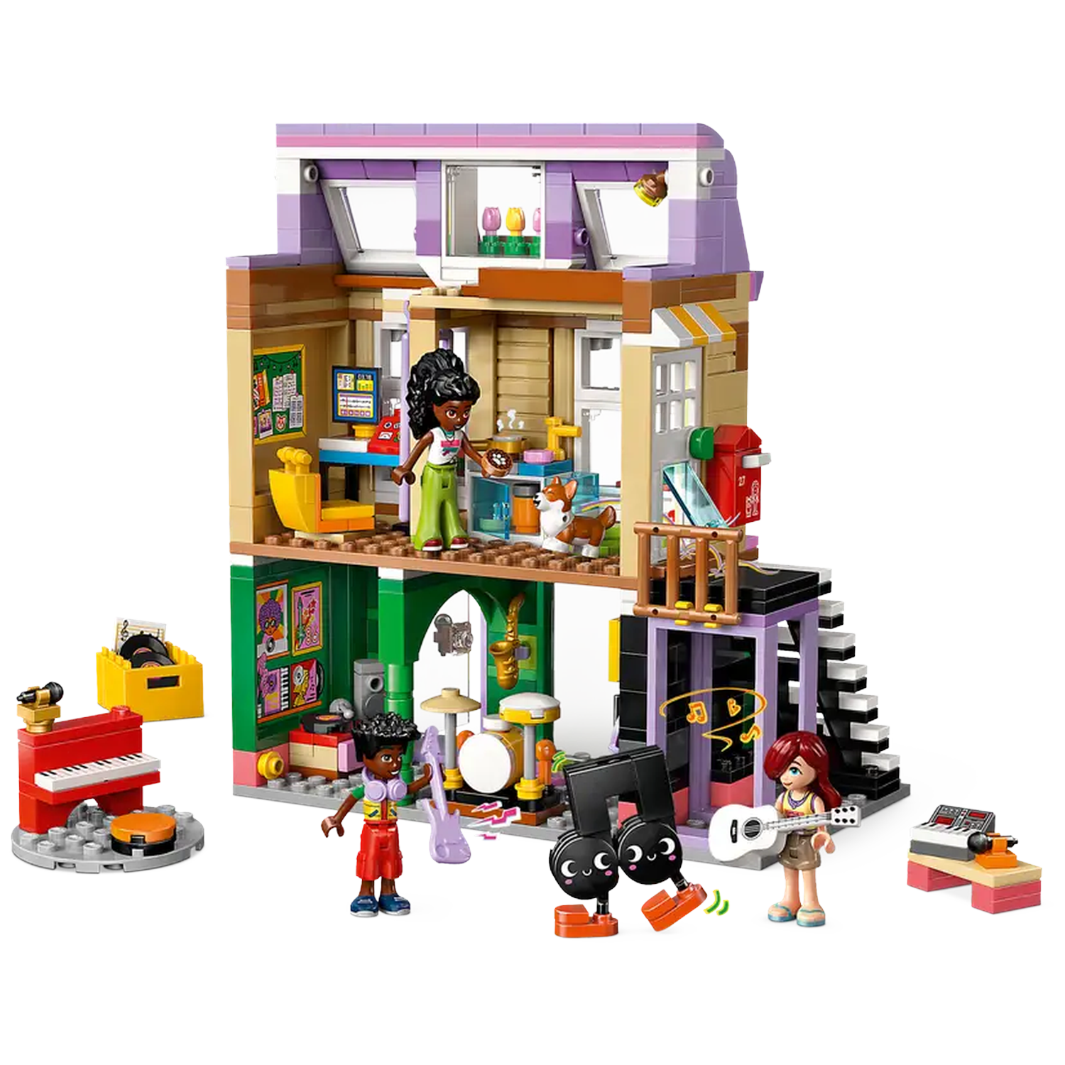 Lego set depicting a two-story house with musicians and instruments. Figures are playing guitar, piano, and drums. A dog is also present.
