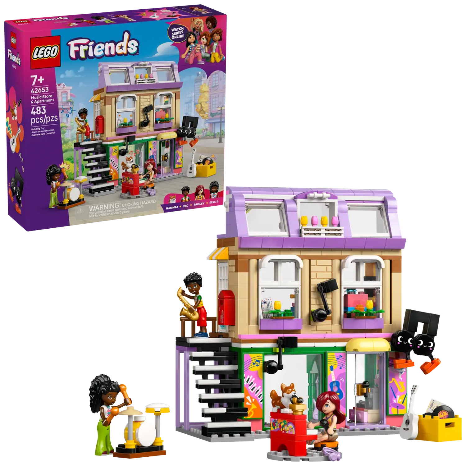 Lego Friends set: music store and apartment. Includes mini figures and instruments. Box shows building and characters.