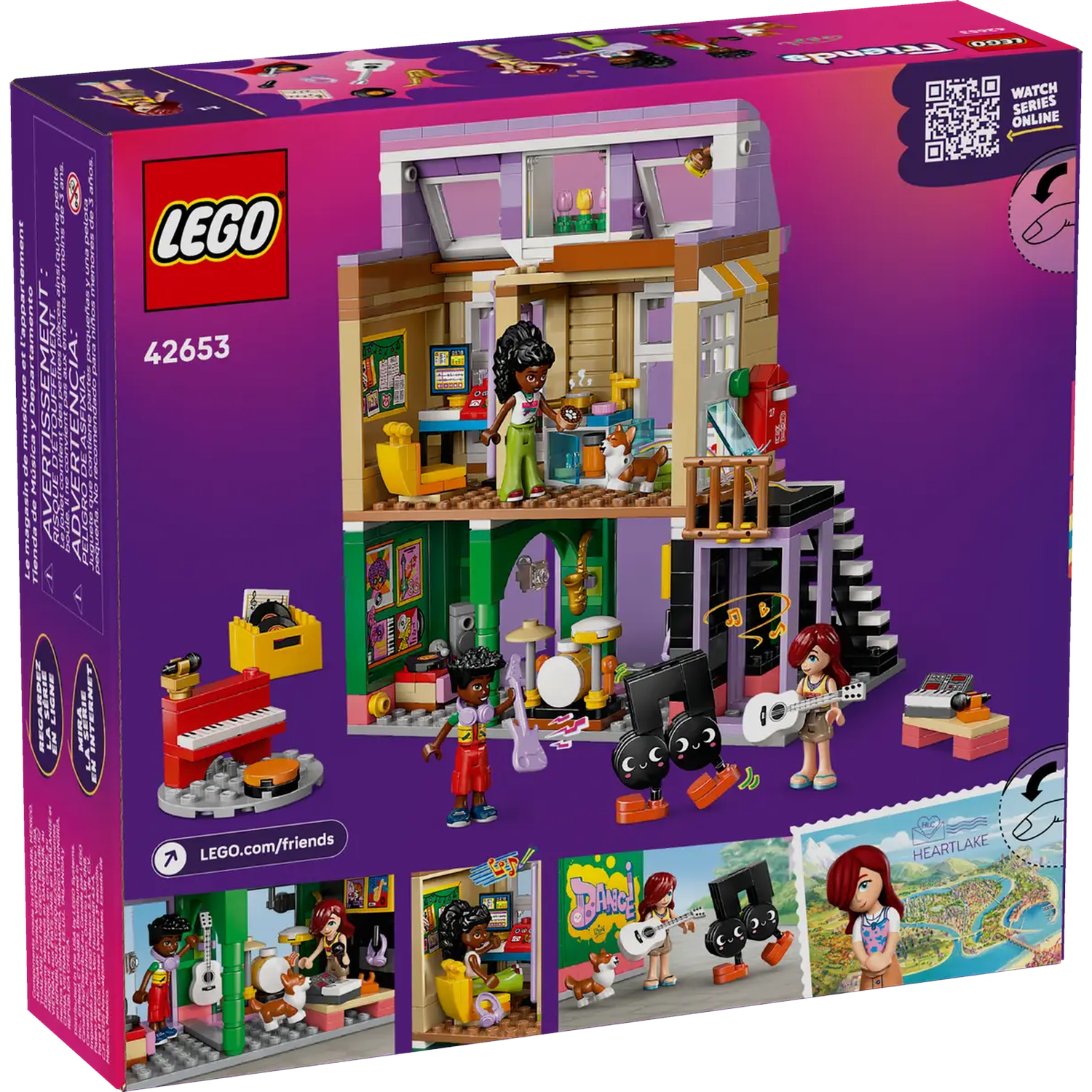 LEGO Friends set box. Shows a multi-level house with musical instruments and mini-figures, plus Heartlake map image.