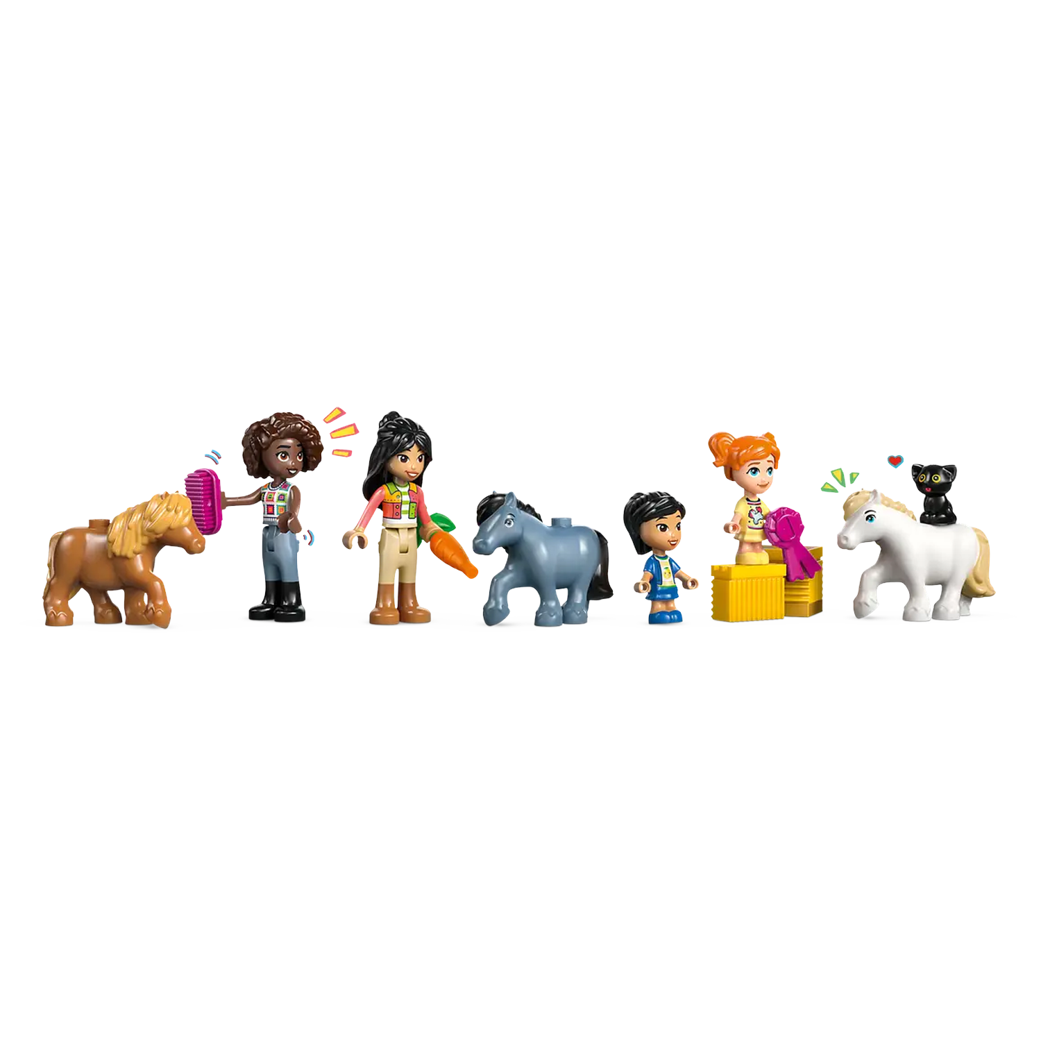 Lego set with several mini-figures and horses. A girl brushes a pony. Other figures interact with horses. A black cat sits on a white horse.