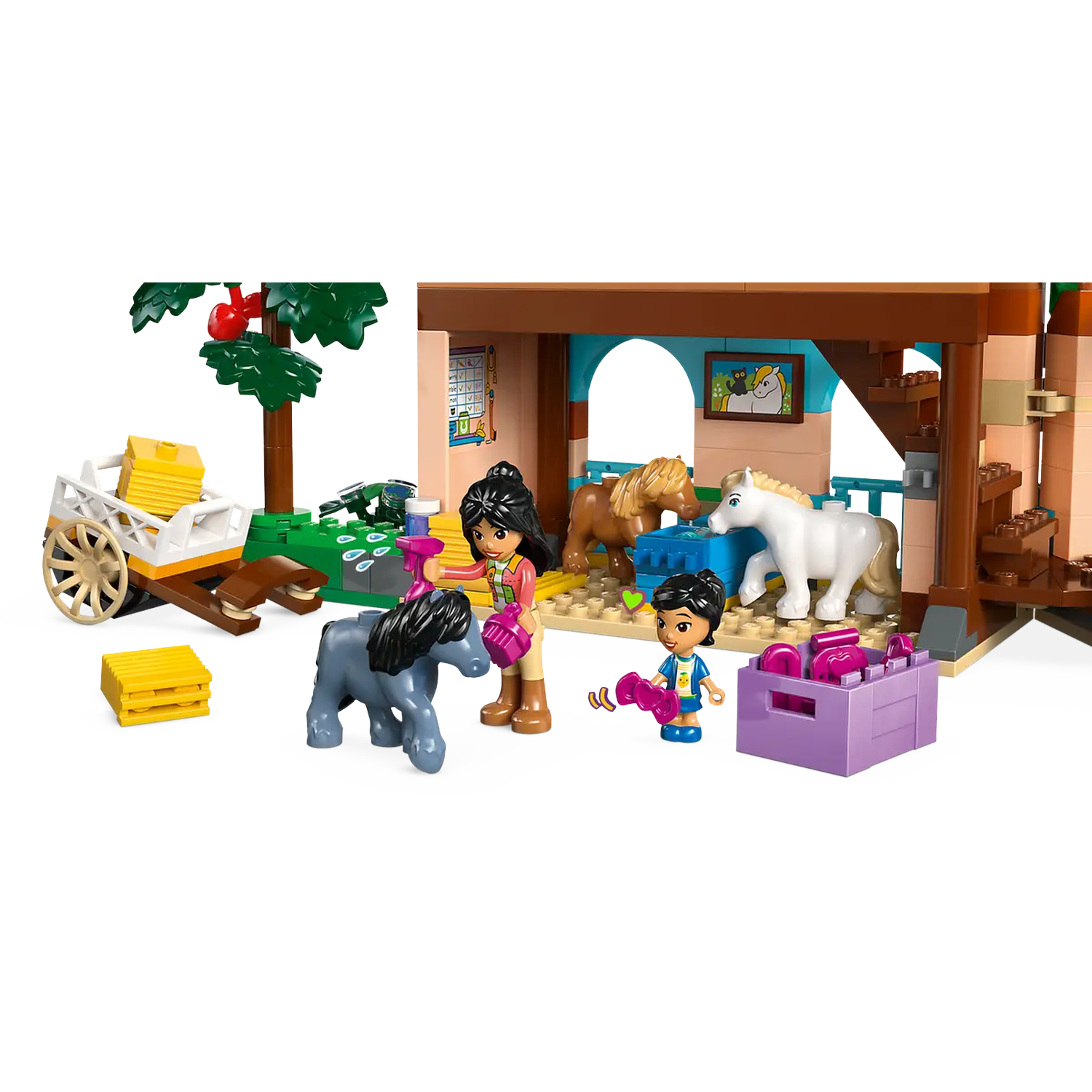 Lego set depicting a stable scene with figures, horses, and accessories. Includes a cart, tree, and various colored blocks.