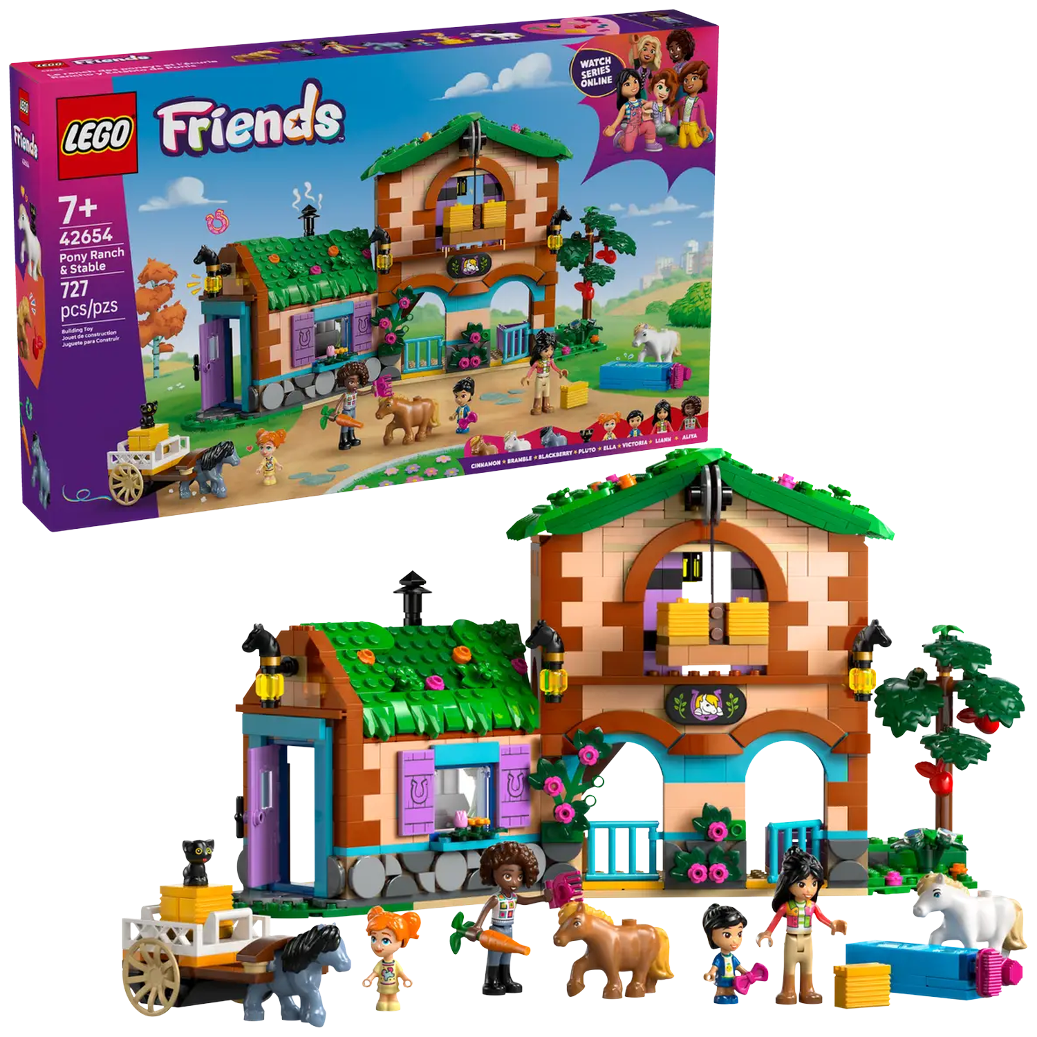 A Lego Friends set. A two-story building with a green roof, a horse stable, and various figurines. A box with the set is visible.