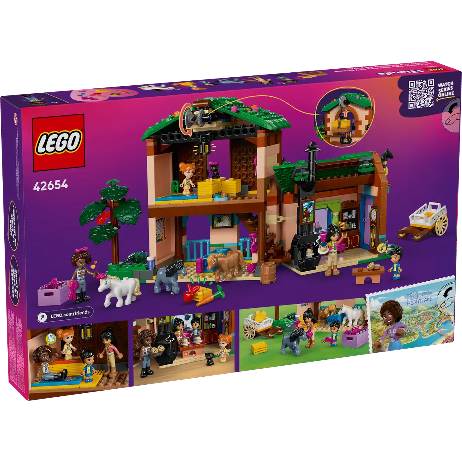 LEGO Friends set box. It features a two-story house with figures, horses, and various accessories, set against a purple backdrop.