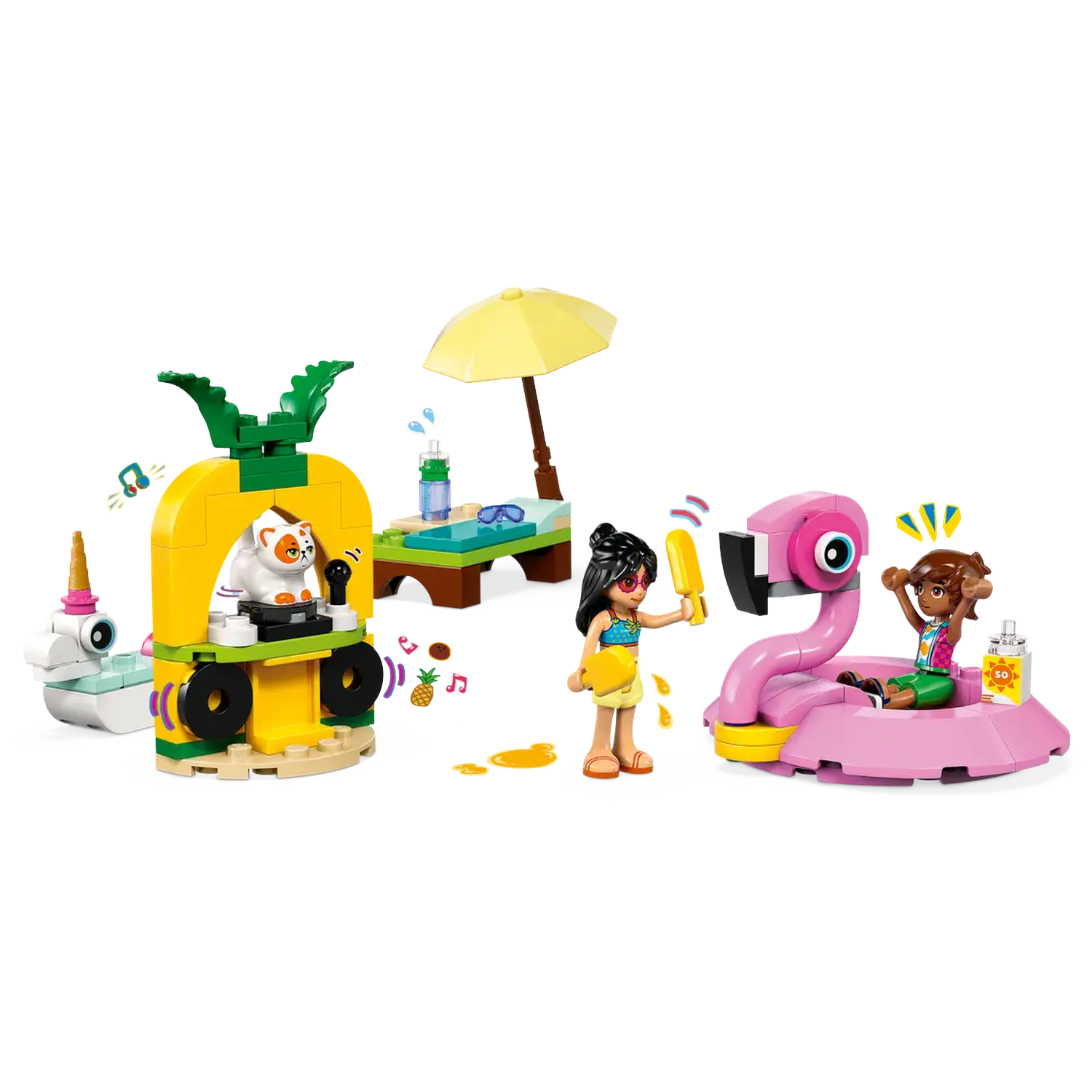 Lego set with a pineapple DJ booth, a flamingo float, and two minifigures with ice cream.