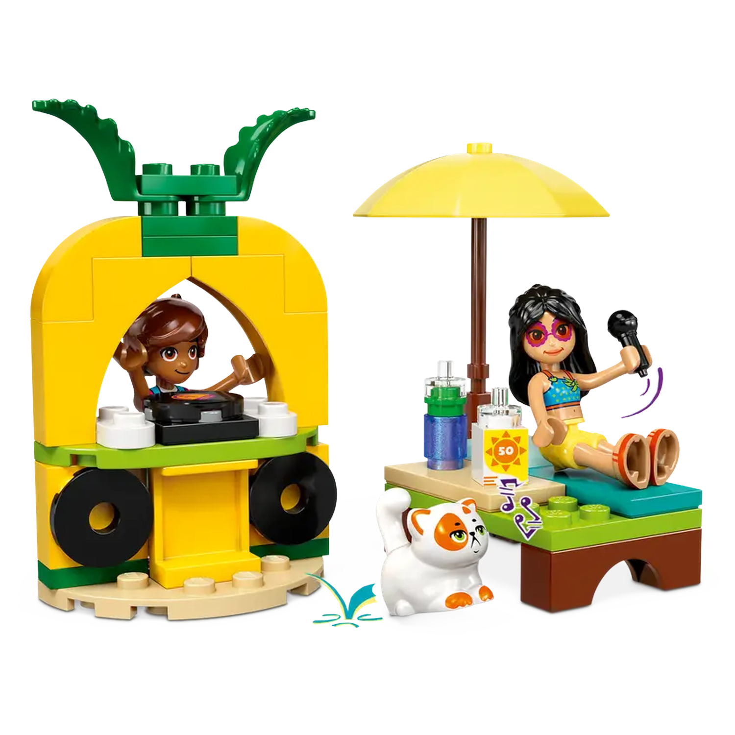 Lego scene with two figures, one DJing in a yellow booth and another singing at a table with a cat, umbrella, and drinks.