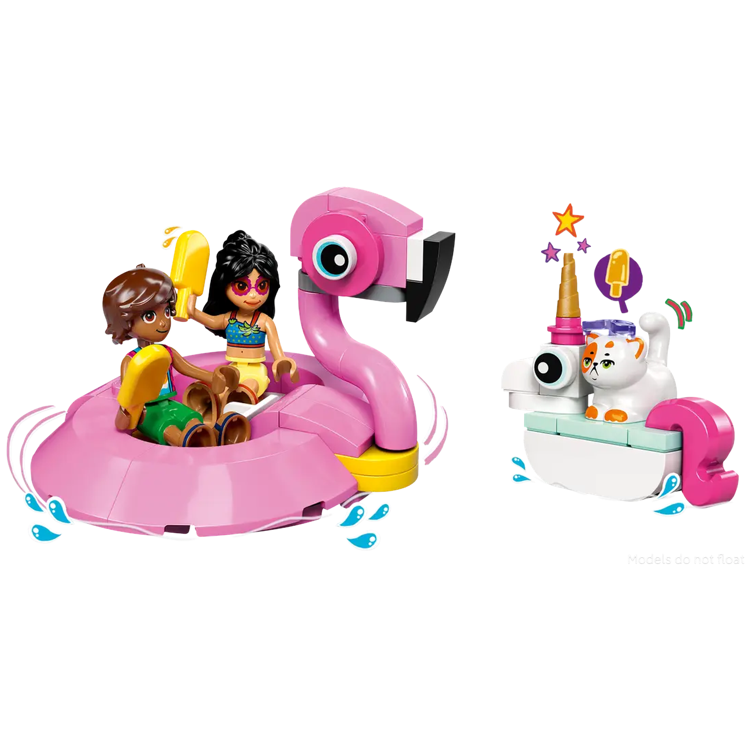 Two Lego figures on a pink flamingo float. A white boat with a cat and unicorn horn. Star and ice cream details.