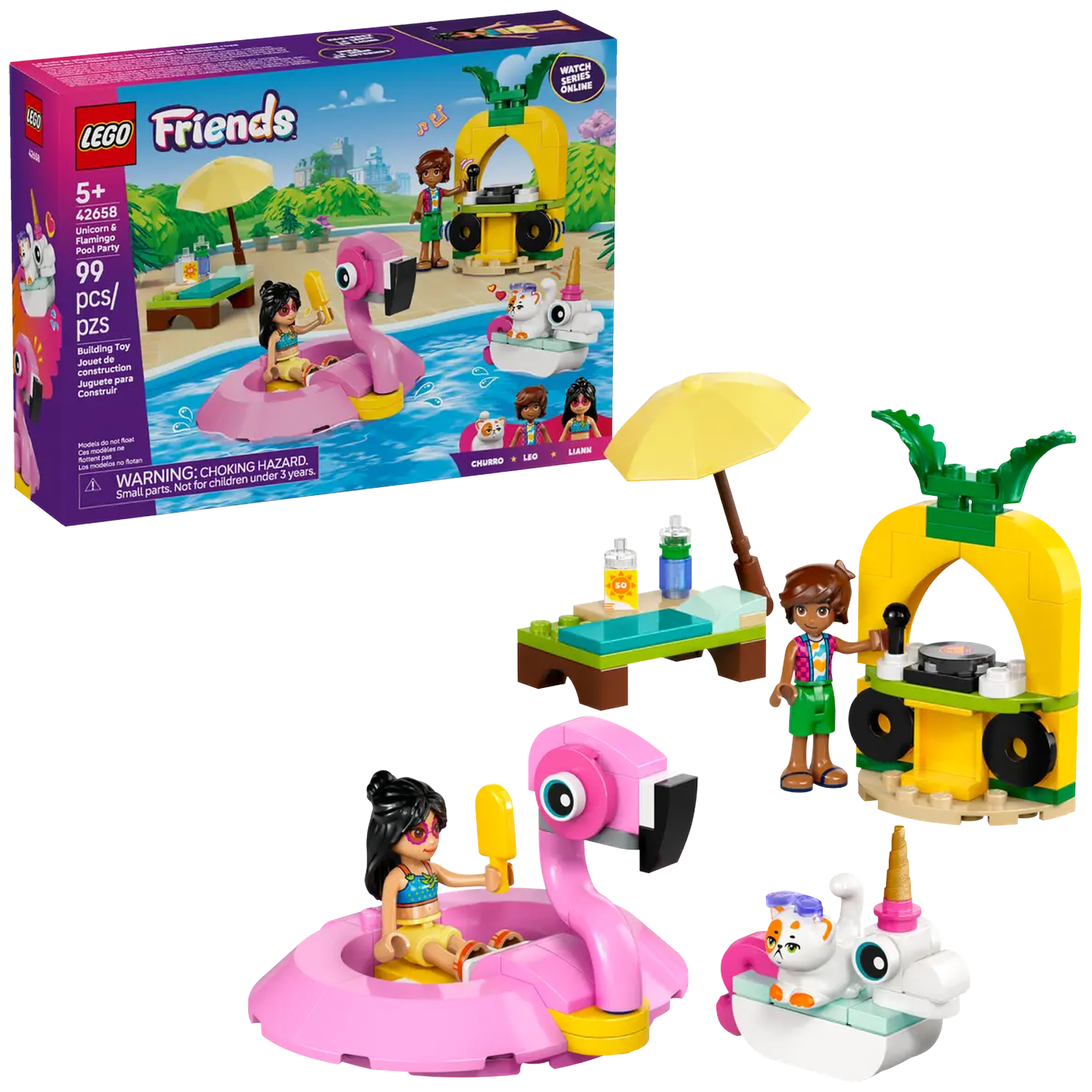 Lego Friends set with a flamingo float, minifigures, pool, and food stand. The box shows the set's components and figures. 