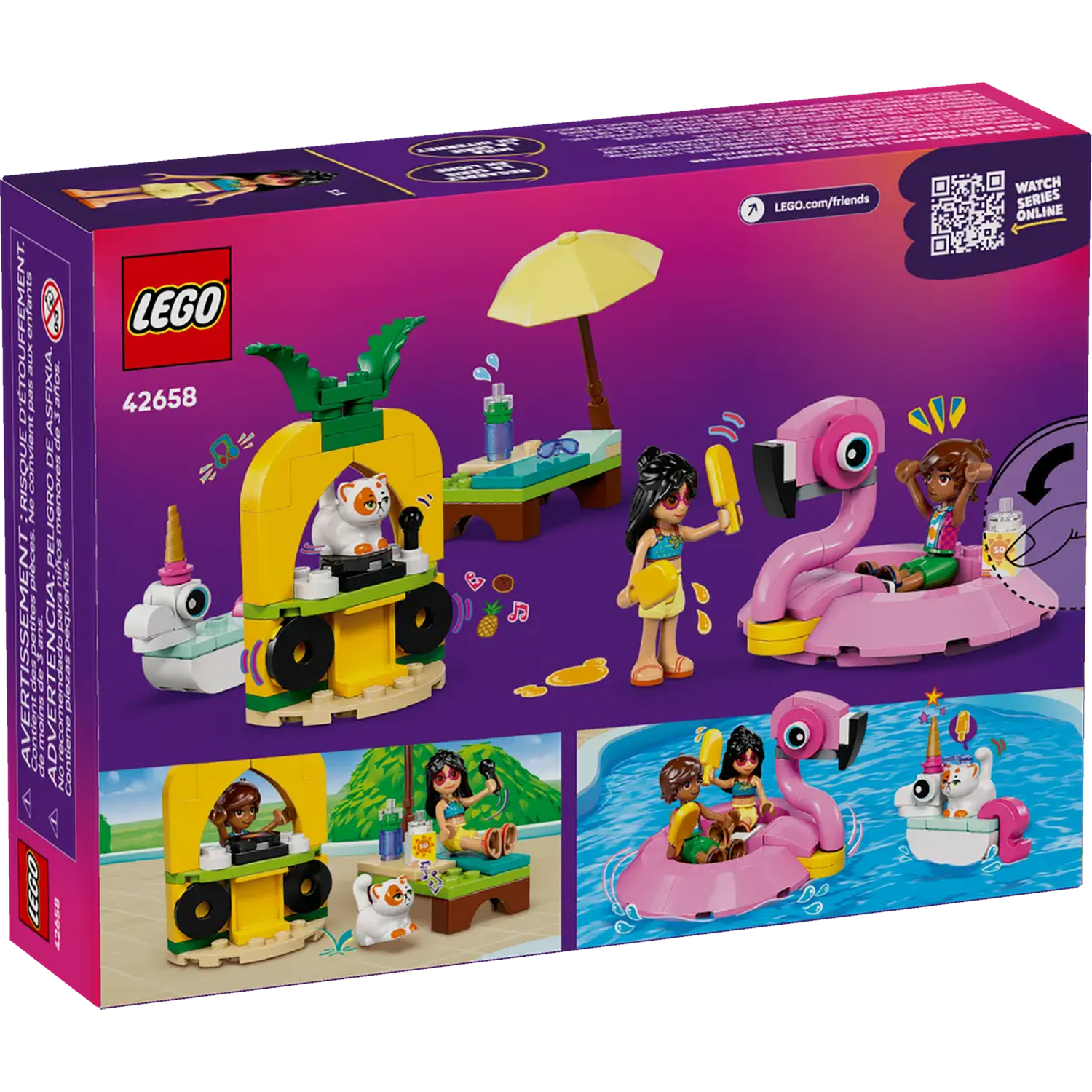 Lego Friends set box. Featuring a pineapple DJ booth, flamingo floats, a pool, and several mini-doll figures with accessories.