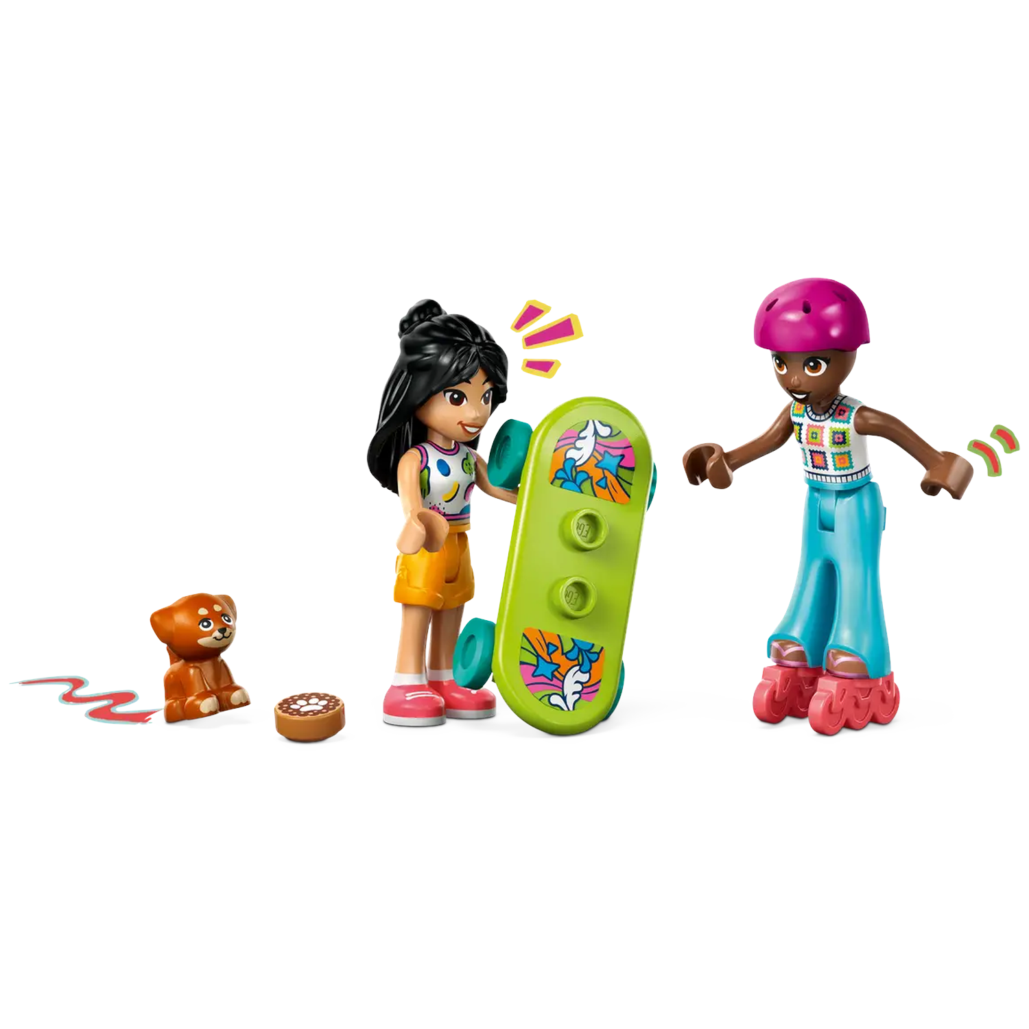 Lego figures with skateboard, roller skates, and dog. One girl holds a green skateboard. Another wears a helmet and skates.