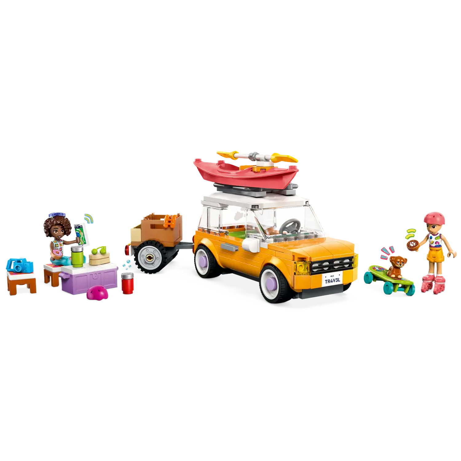 Lego set with yellow jeep carrying a kayak, a trailer, and two minifigures with accessories, and a skateboard.