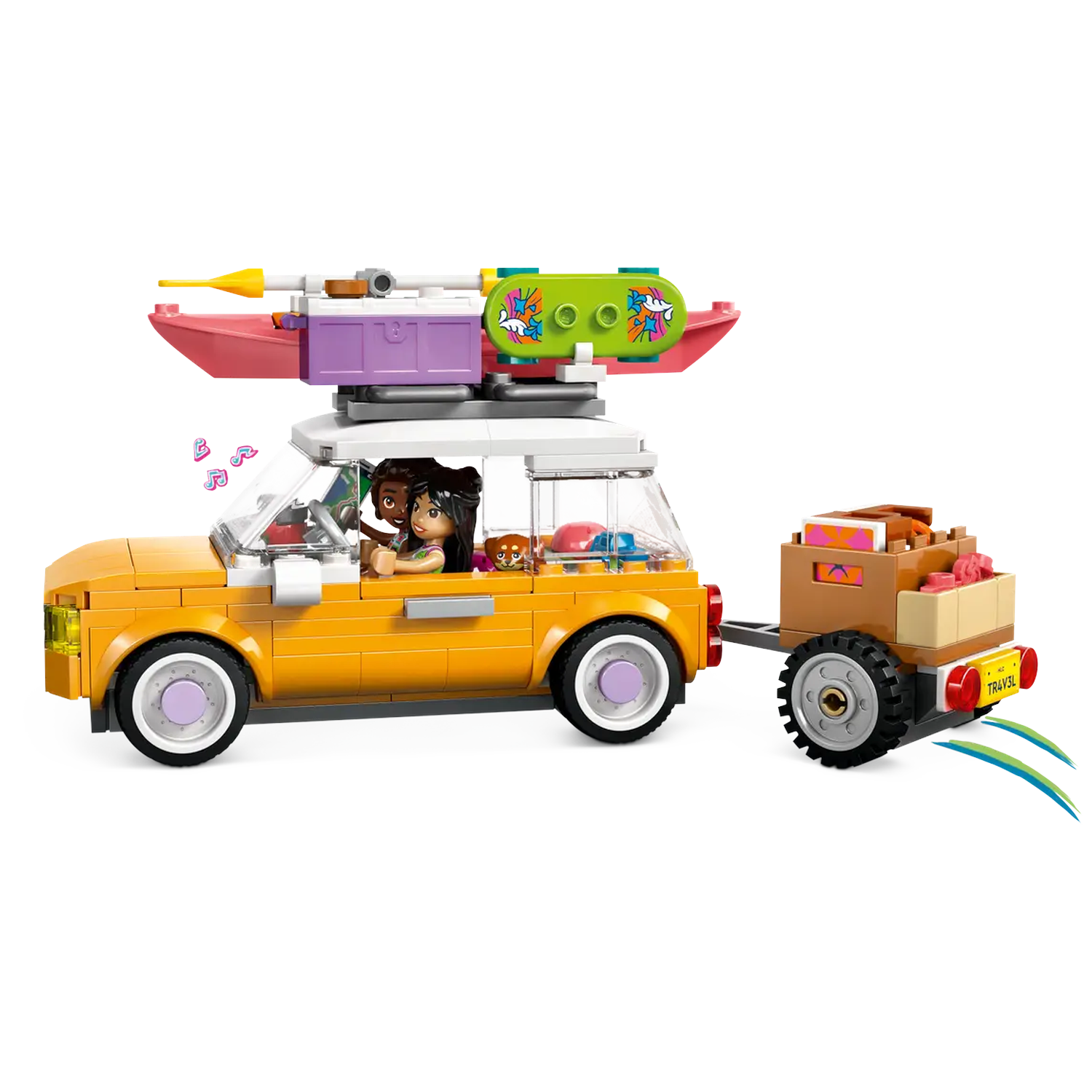 A yellow toy car with two figures inside is towing a trailer. A kayak is on the roof. A dog is in the car. The car has white wheels.