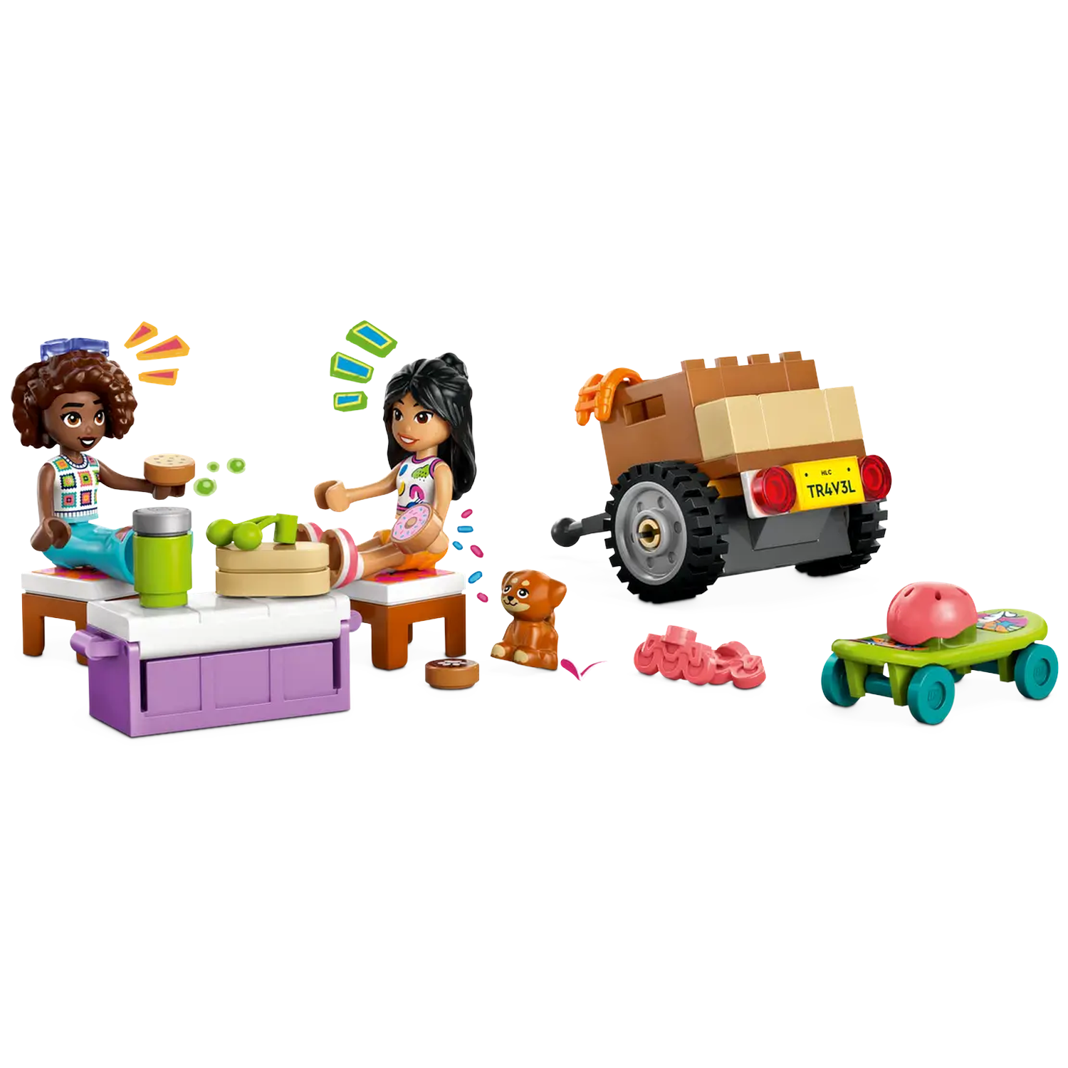 Two Lego girls with food, a dog, a trailer, a skateboard and sandals. The scene is bright and cheerful.