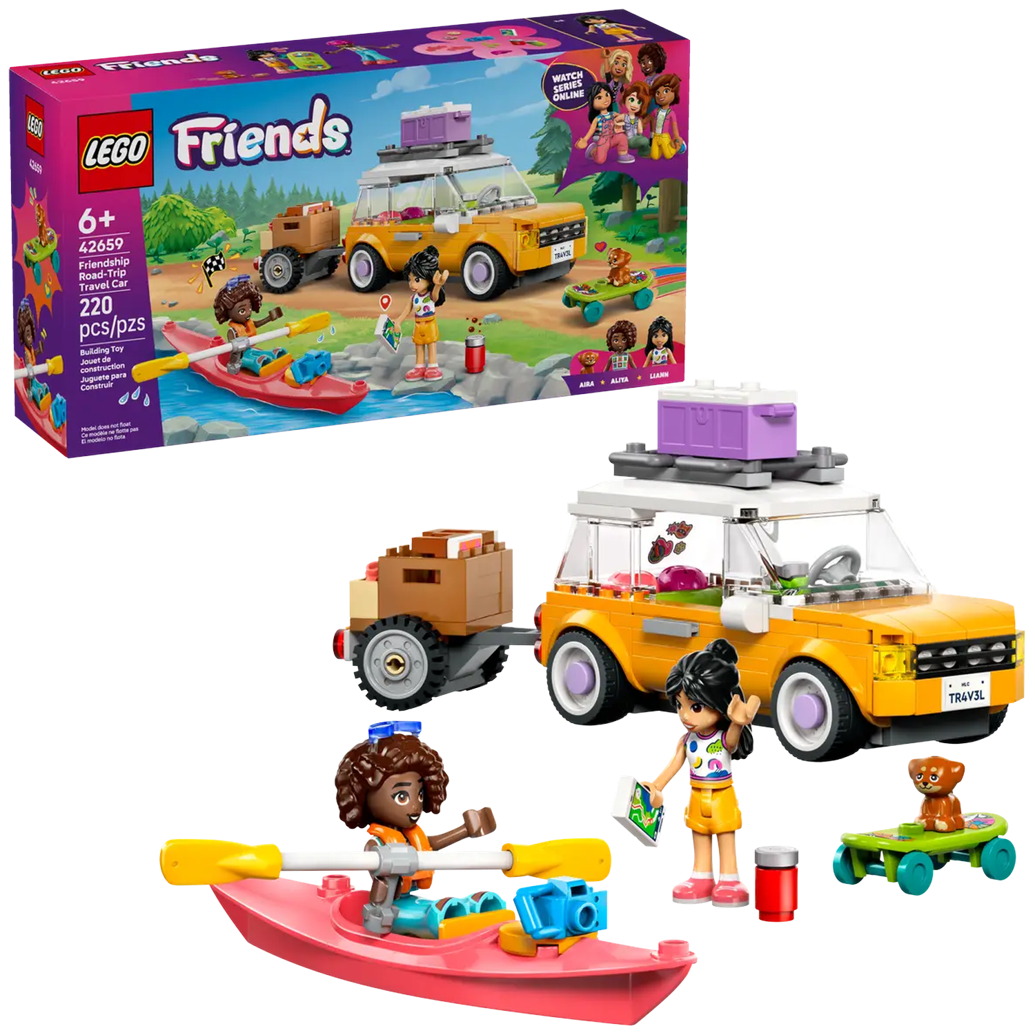 Lego Friends set. Includes a yellow car, trailer, kayak, skateboard, and mini-figures. The box shows the set in use.