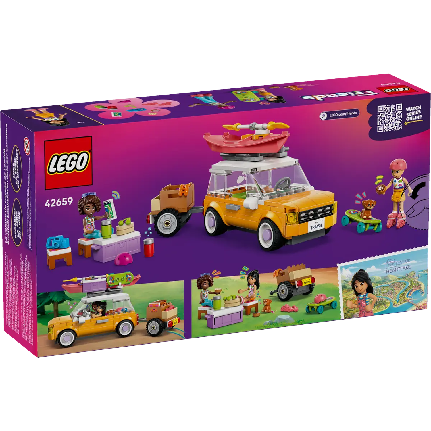Lego Friends set box. Yellow car with trailer, figures, and accessories. Purple background with Lego and Friends logos.