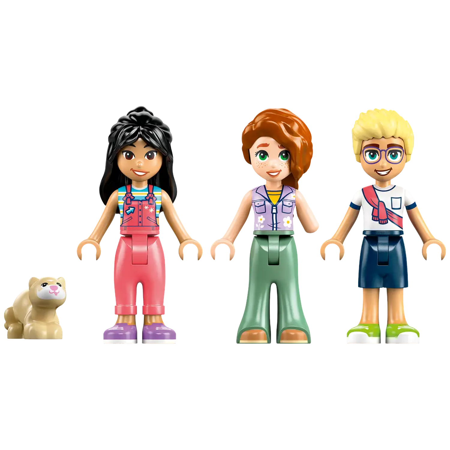 Drie Lego-figuren en een kleine leeuw. De figuren zijn vrouwelijk en dragen kleurrijke kleding. Allemaal staand voor een witte achtergrond.