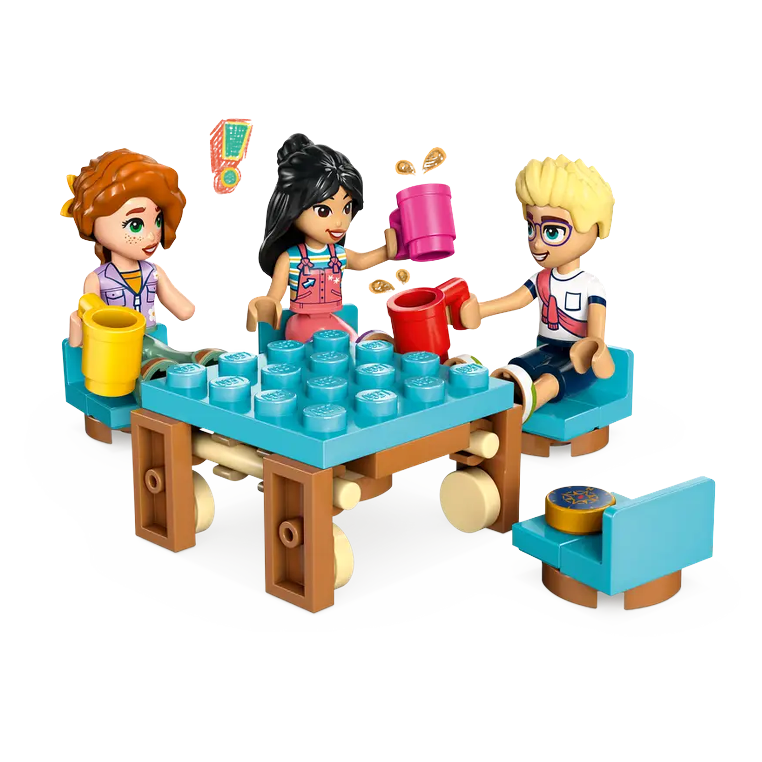Lego Friends scène met drie figuren rond een tafel. Ze houden bekers vast. De tafel en stoelen zijn blauw.