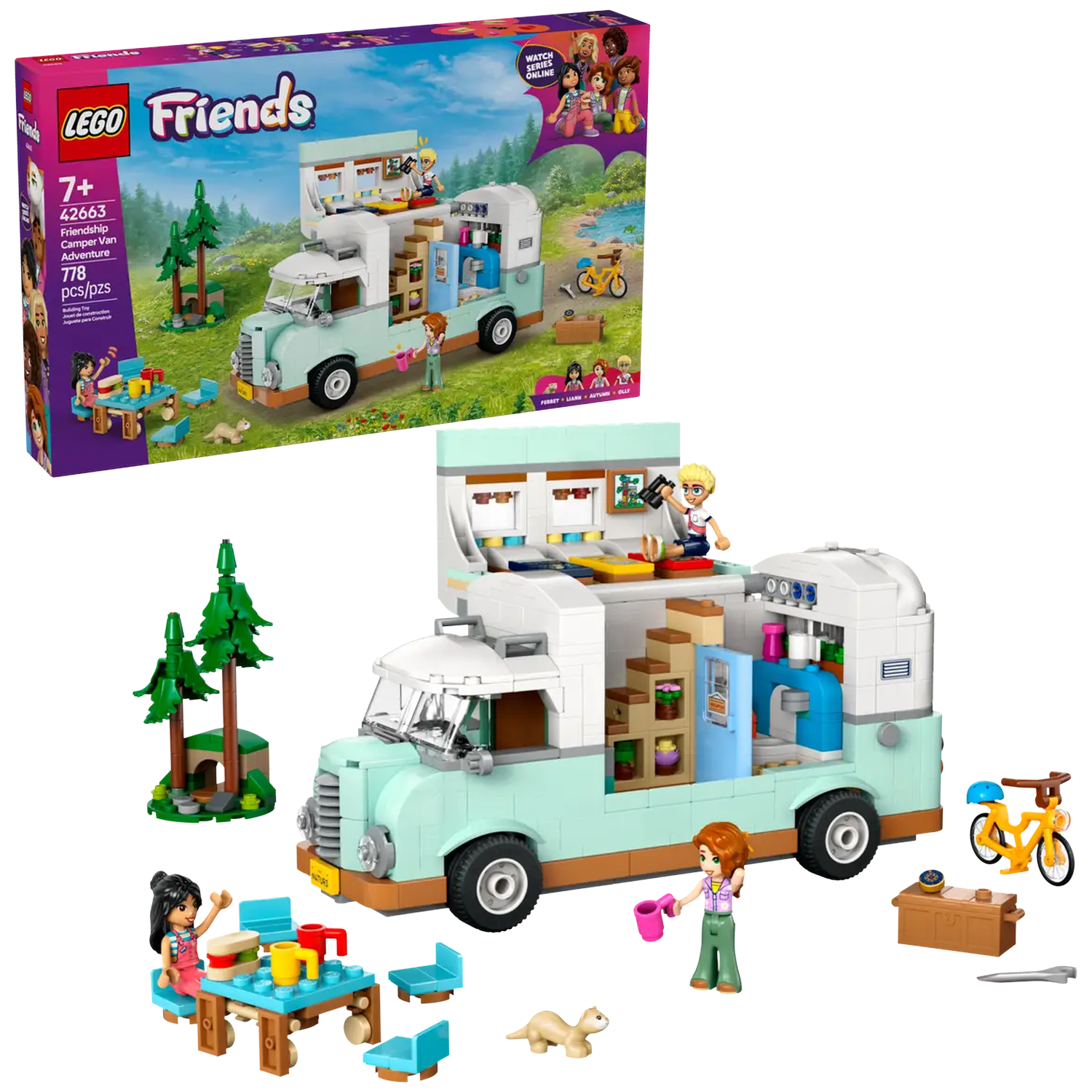 LEGO Friends camper set. Inclusief figuren, tafel, stoelen, fiets en een klein dier. De bus is turquoise en wit.