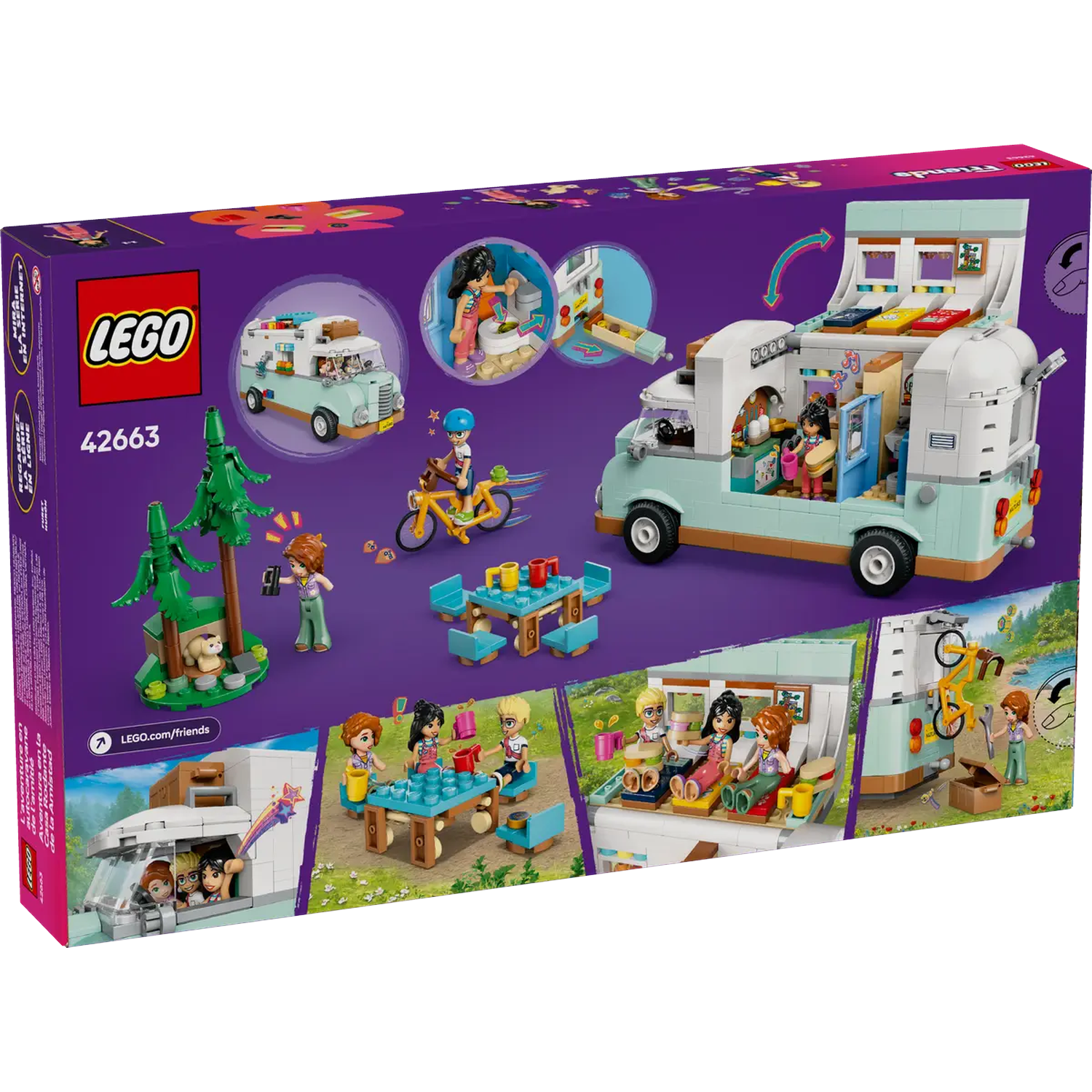 LEGO Friends setdoos. Toont een camper met figuren, een tafel en een meisje op een gele fiets. Verschillende scènes zijn afgebeeld.