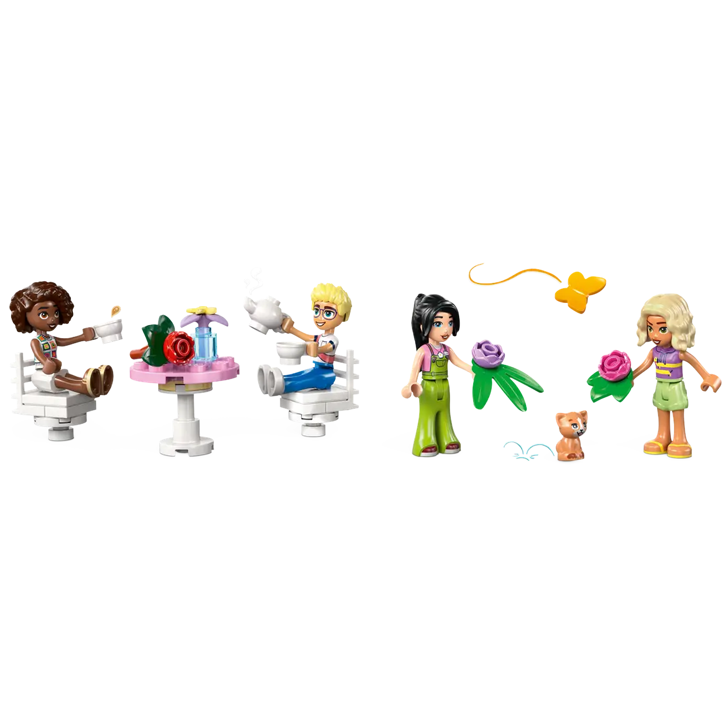 Lego scene with figures around a table and flowers. A cat is in the middle with a butterfly above. Two figures are holding cups and teapots.