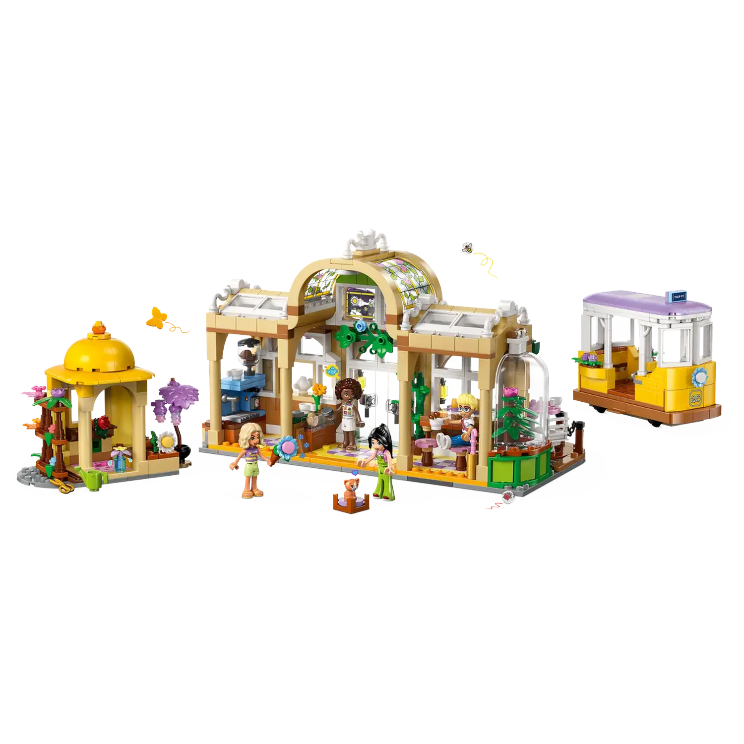 Lego set with a greenhouse, tram, and gazebo. Several mini-figures are in the scene. Butterflies and bees are flying around.