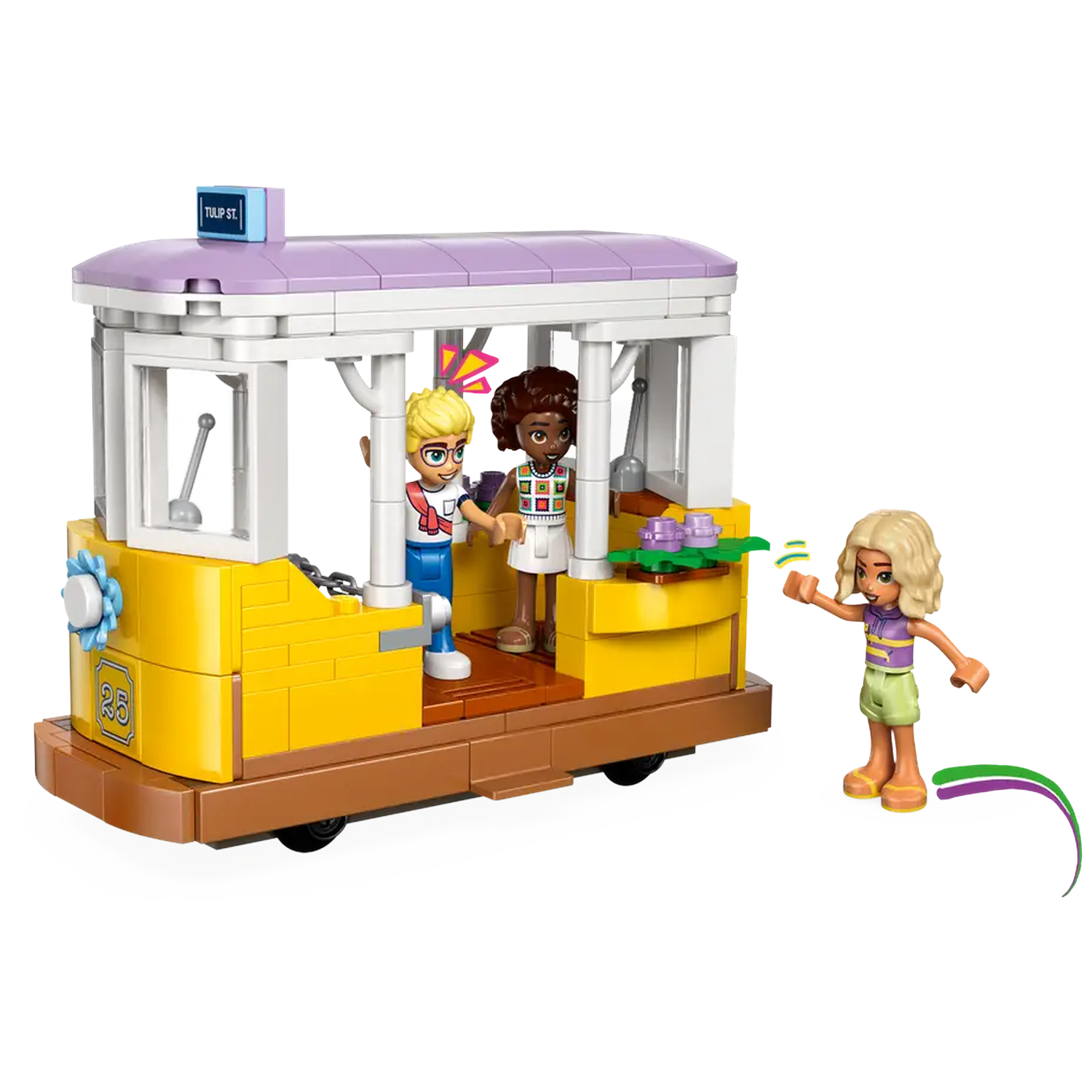 Lego set: yellow tram with three figures. One figure is outside, two are inside. The tram has a sign that reads 'TULIP ST.'