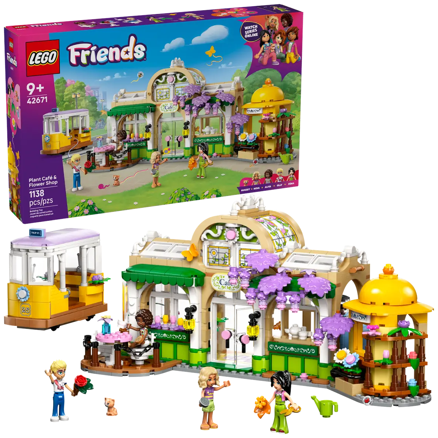 LEGO Friends set. A yellow tram, a cafe, and several mini-figures are in the scene. The box shows the set's name and details.
