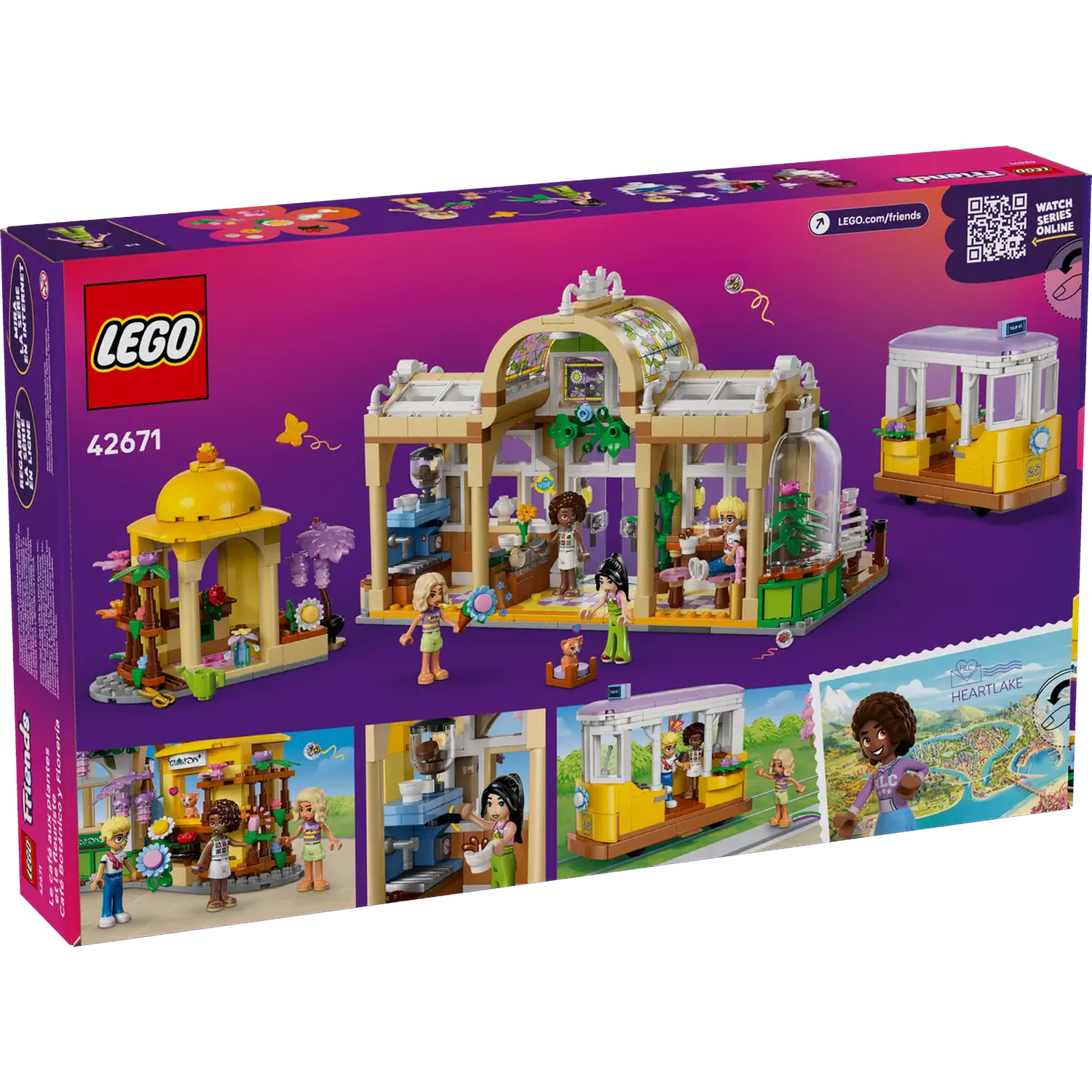 Lego Friends box set. It shows a botanical cafe, tram, and figures. The box is purple and pink, with Lego logo in red.