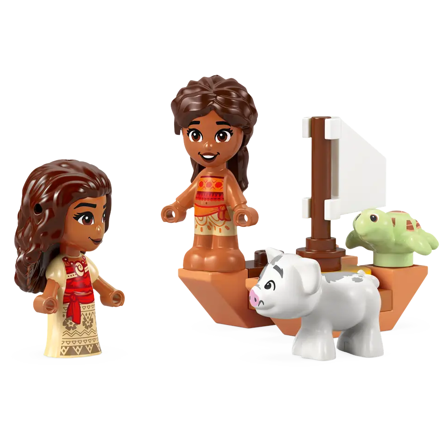 Lego set featuring Moana and figures with a boat. Includes a pig, turtle, and two Moana figures. The scene is set against a white backdrop.