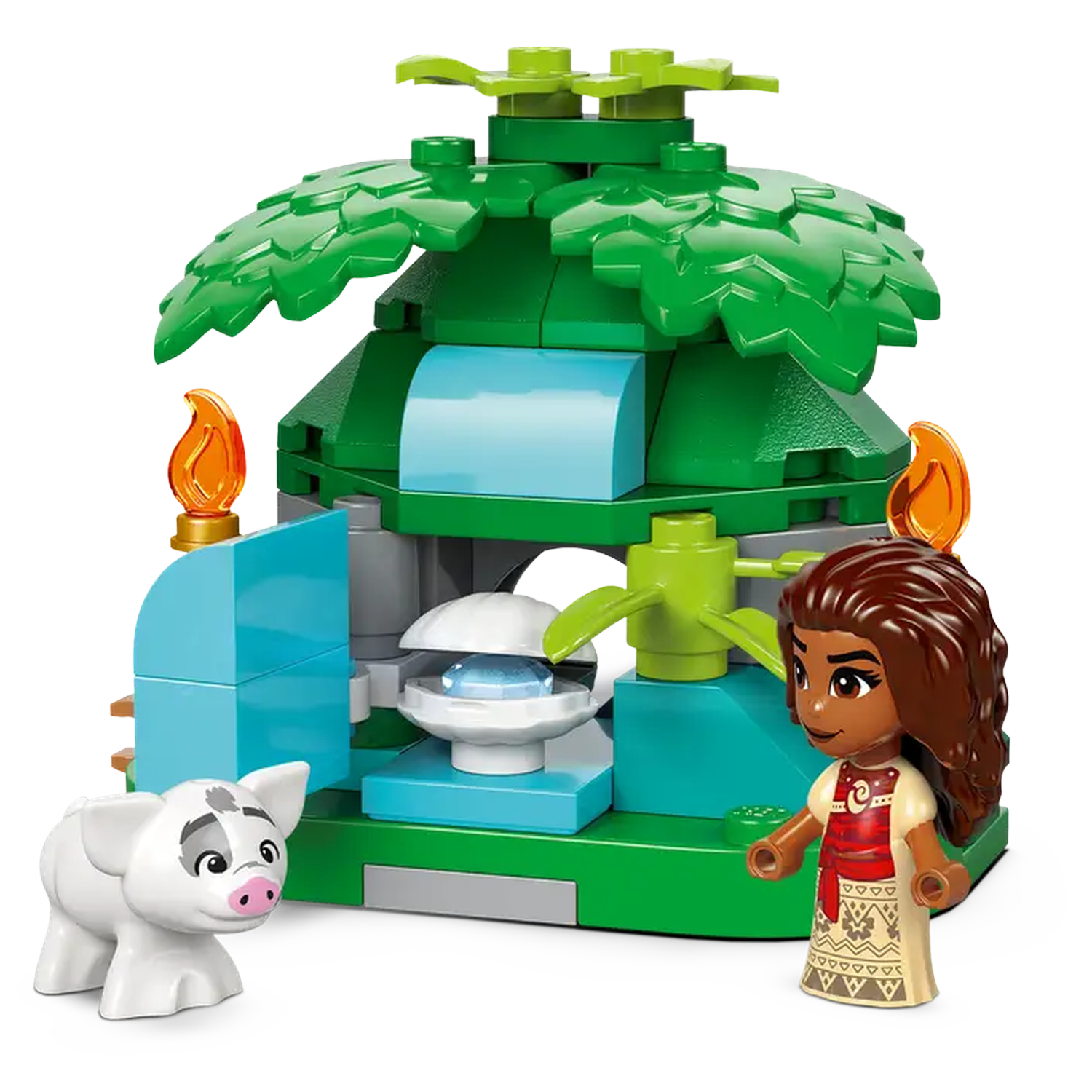 A Lego set featuring a green hut, a pig, and a character from Moana. The hut has a leaf roof. The character is standing.