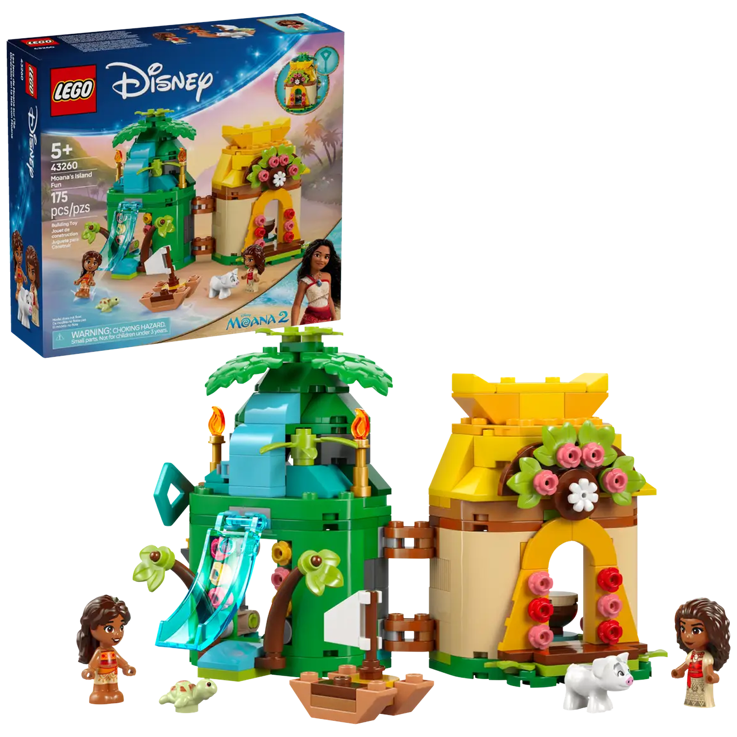 Lego set of Moana's island with figures, buildings, and a slide. Includes Moana, Pua, and Hei Hei. Colorful, detailed, and playful.