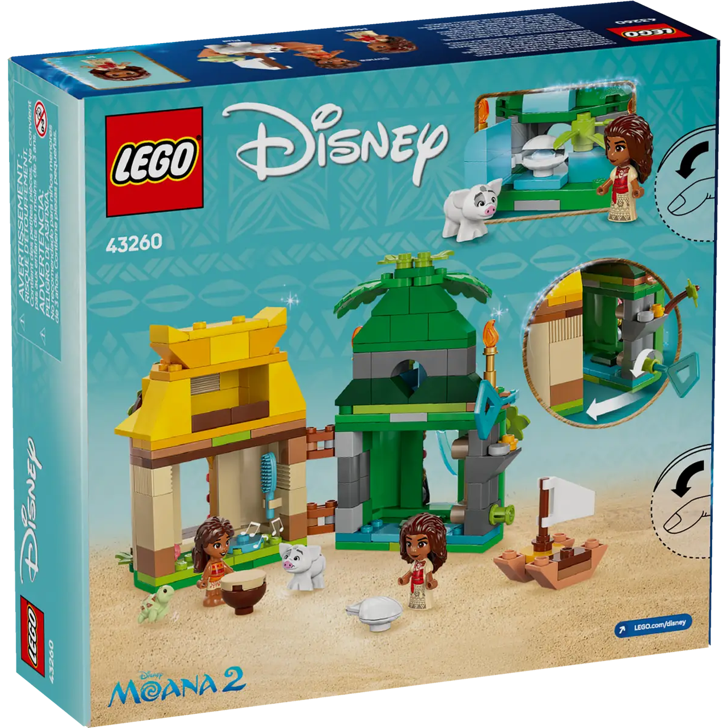 Lego Disney Moana 2 set box. It features Lego figures and structures depicting a beach scene with characters and a boat.