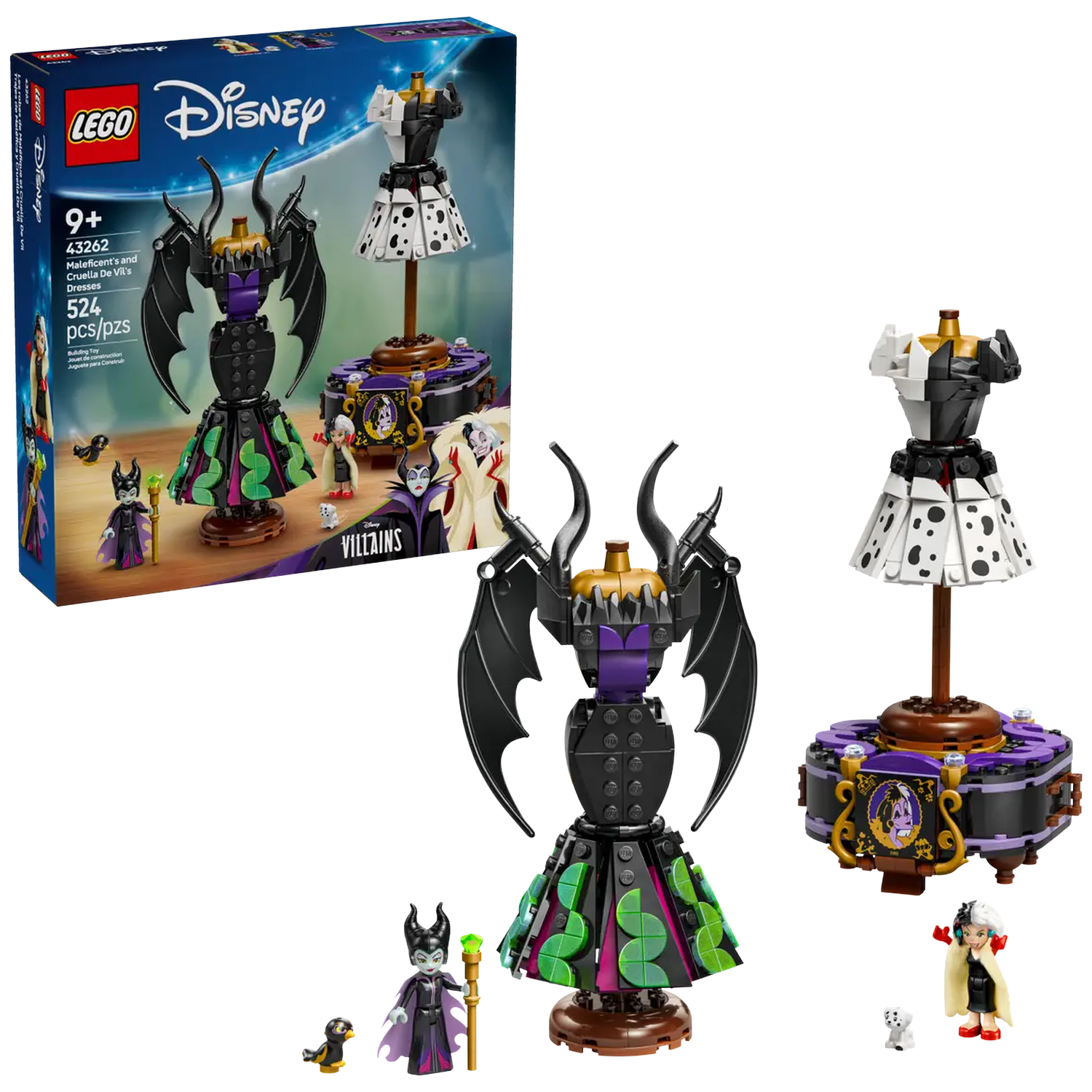 LEGO Disney set. Includes Maleficent and Cruella's dresses, figures, and accessories. The set features a black and white theme.