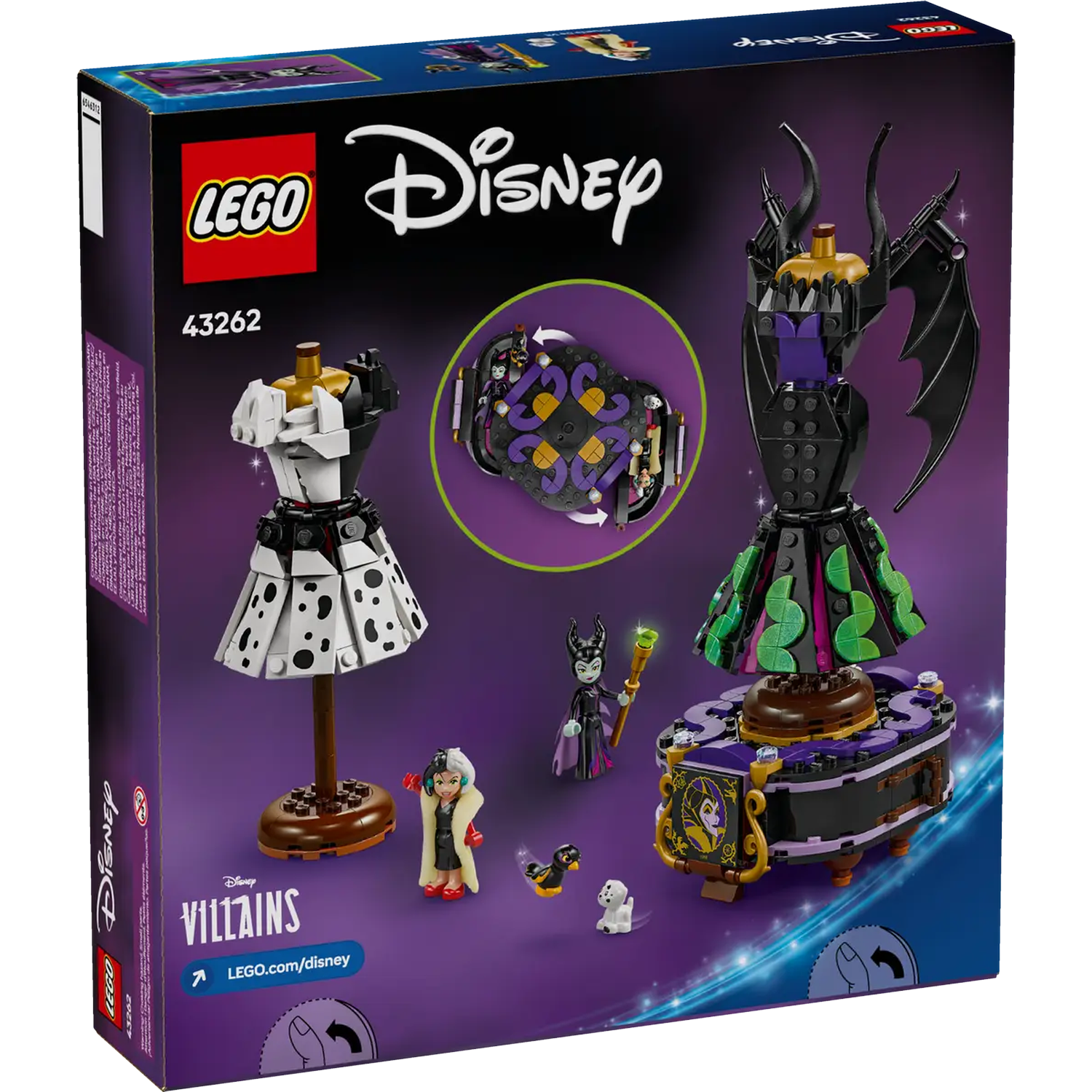 LEGO Disney Villains set box. Features Cruella, Maleficent, and other characters, along with dress forms and accessories.