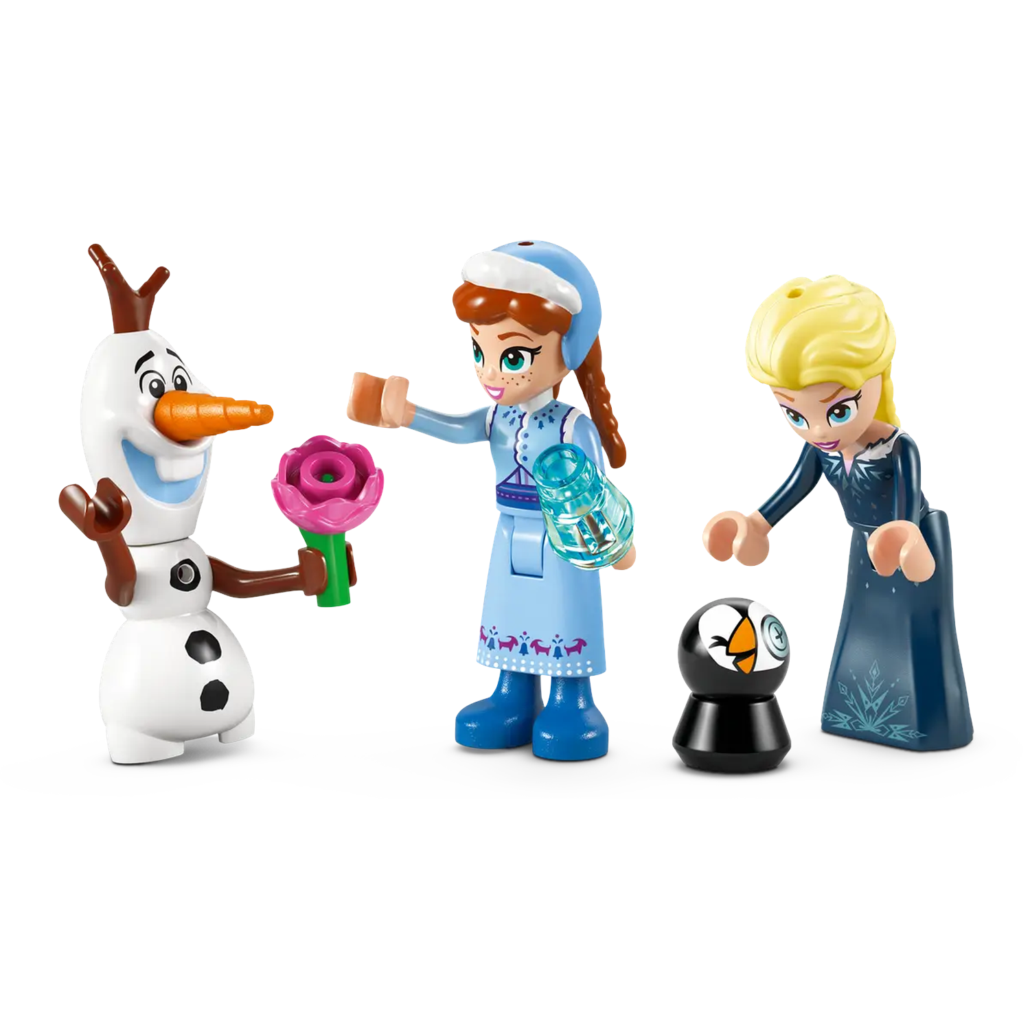 Olaf the snowman offers a pink flower to Anna. Elsa and a black bird stand nearby. All are Lego figures, on a white background.