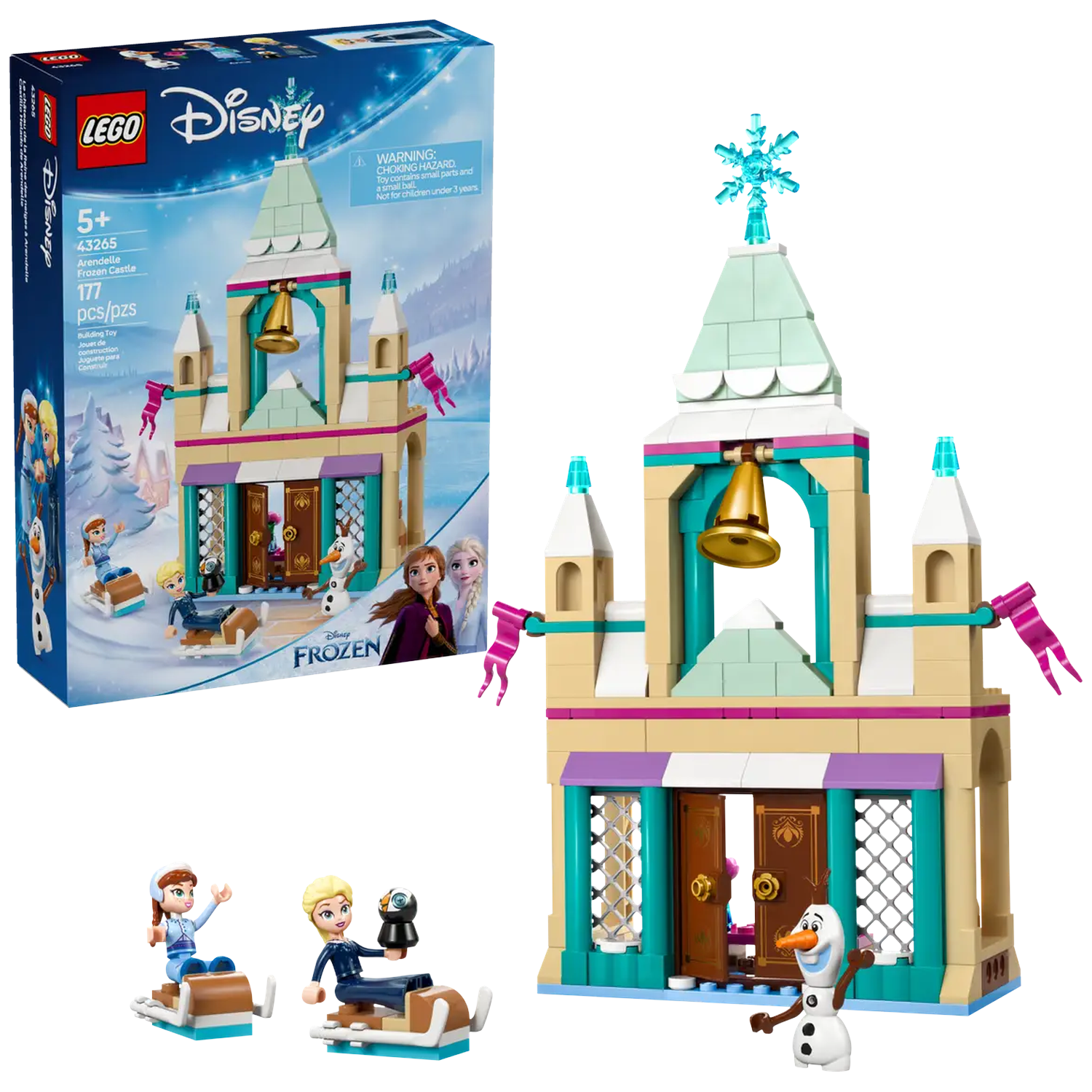 A Lego Disney Frozen castle set with Anna, Elsa, and Olaf figures. The set includes a building with a bell and a snowflake on top.