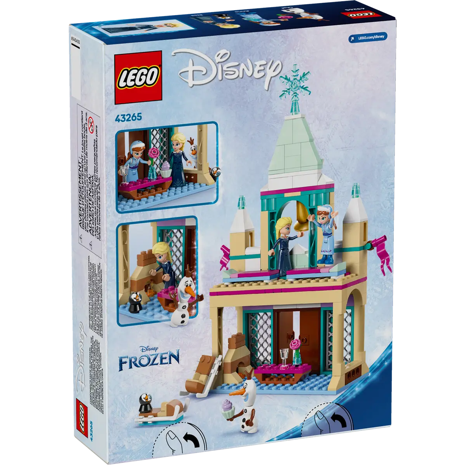 The back of a LEGO Disney Frozen set box. It features Anna, Elsa, and Olaf Lego figures, and building scenes.