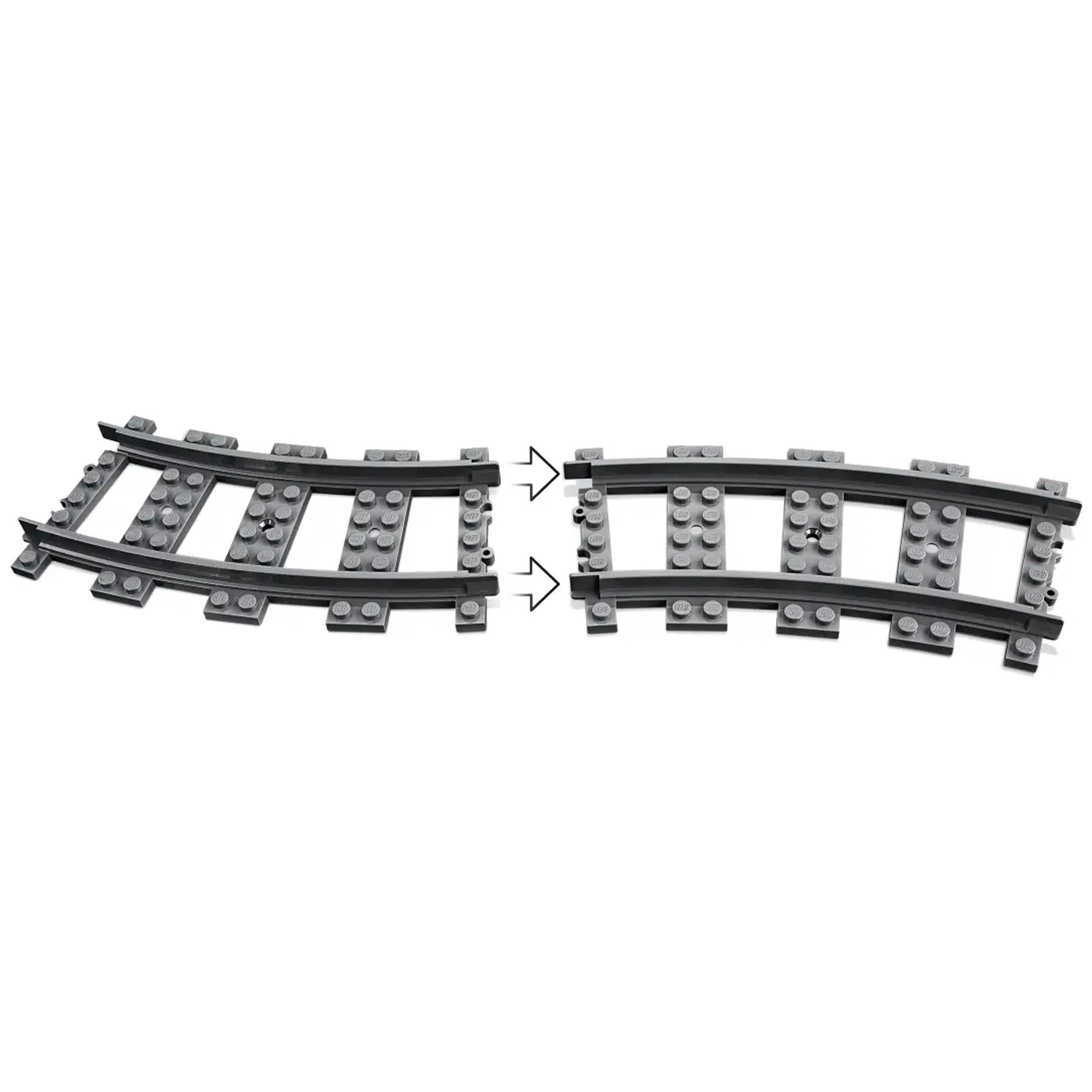 Two curved gray plastic train tracks, separated slightly. Arrows point from each track, indicating they can connect.