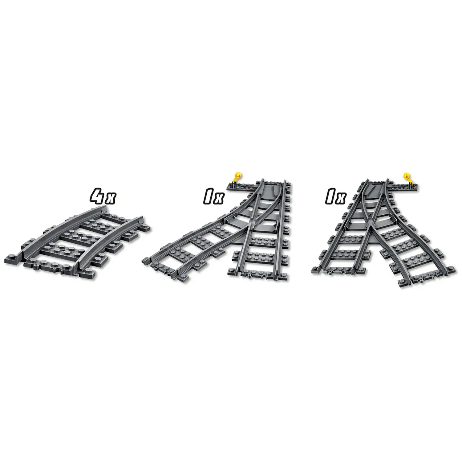 Three sets of Lego train tracks. One is curved, two are switches. Each has a quantity label. All are gray, with yellow accents.