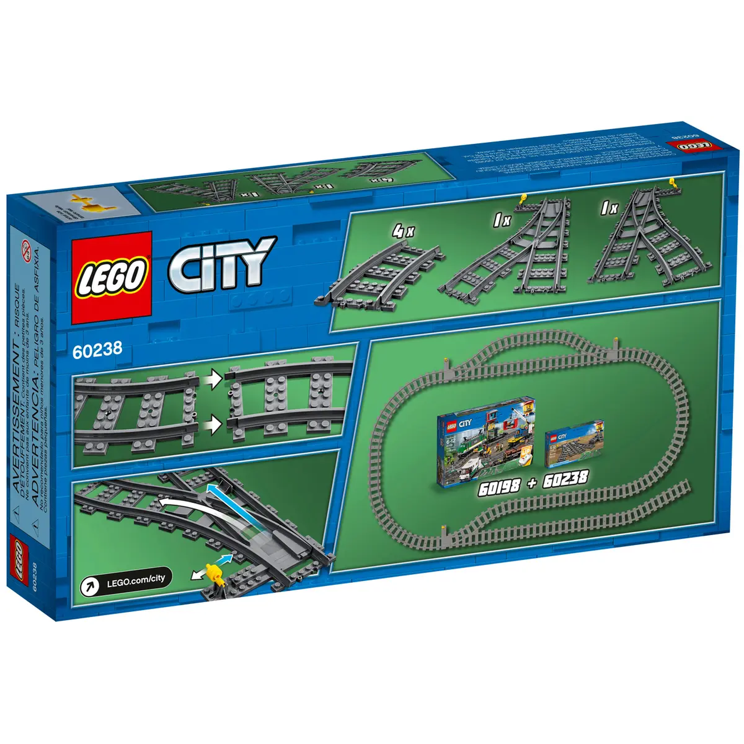 A Lego City box shows train tracks and train set components. It includes track pieces and a set of train cars and a locomotive.