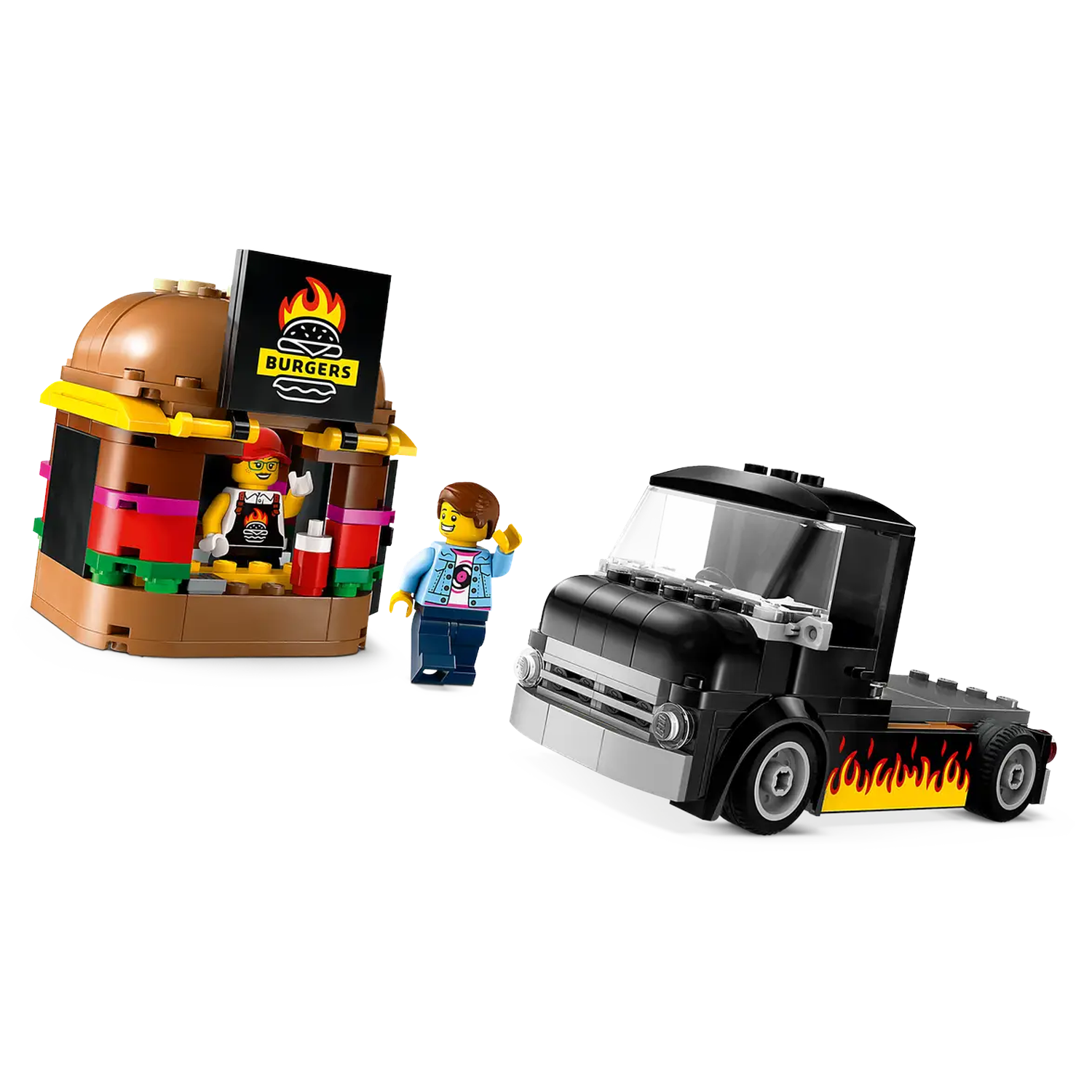 Lego burger shop and black truck. Figures of people. The shop has a burger sign. Flames are on the truck.