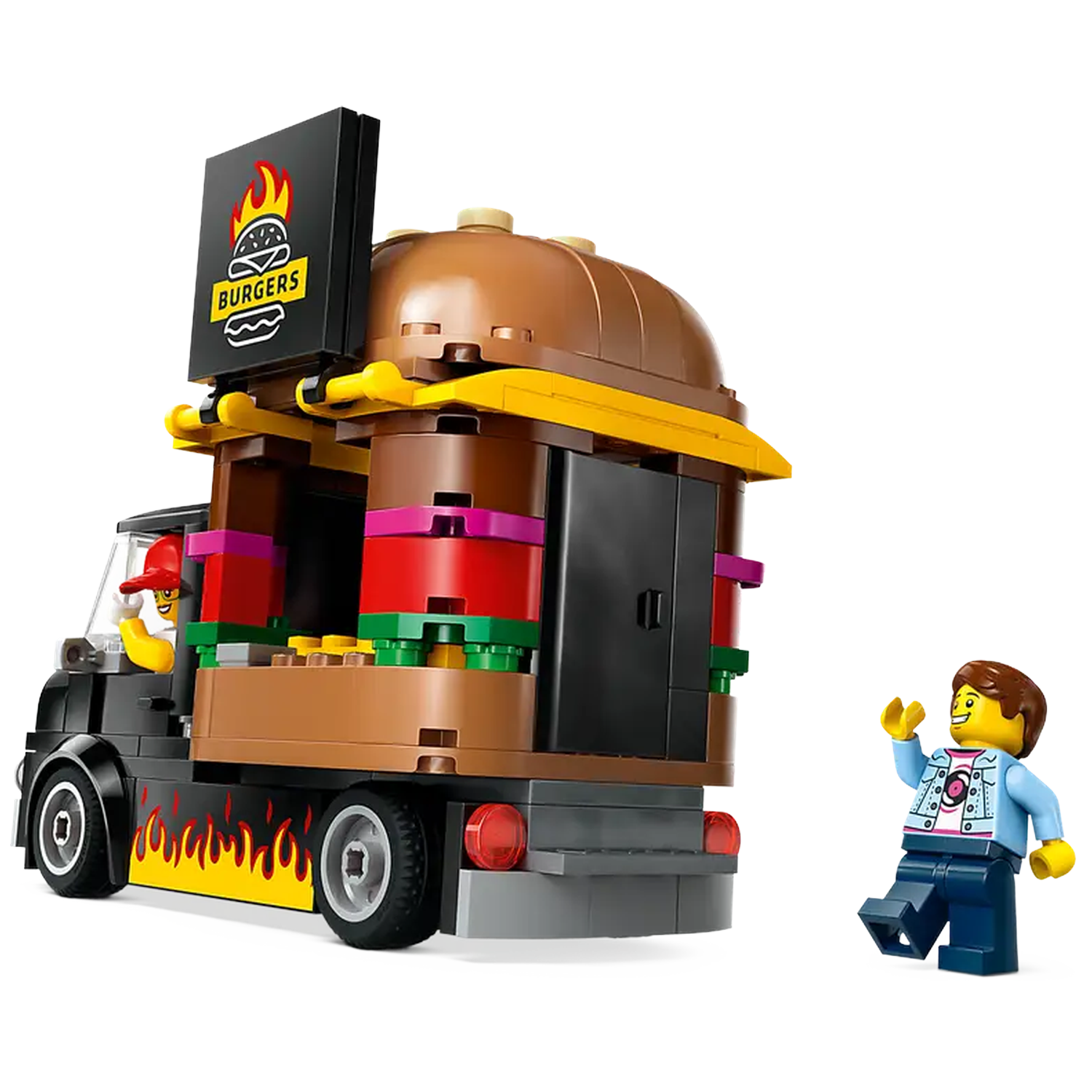 A Lego burger truck with a sign that says 'Burgers'. A Lego figure is waving. The truck has flames on its side.
