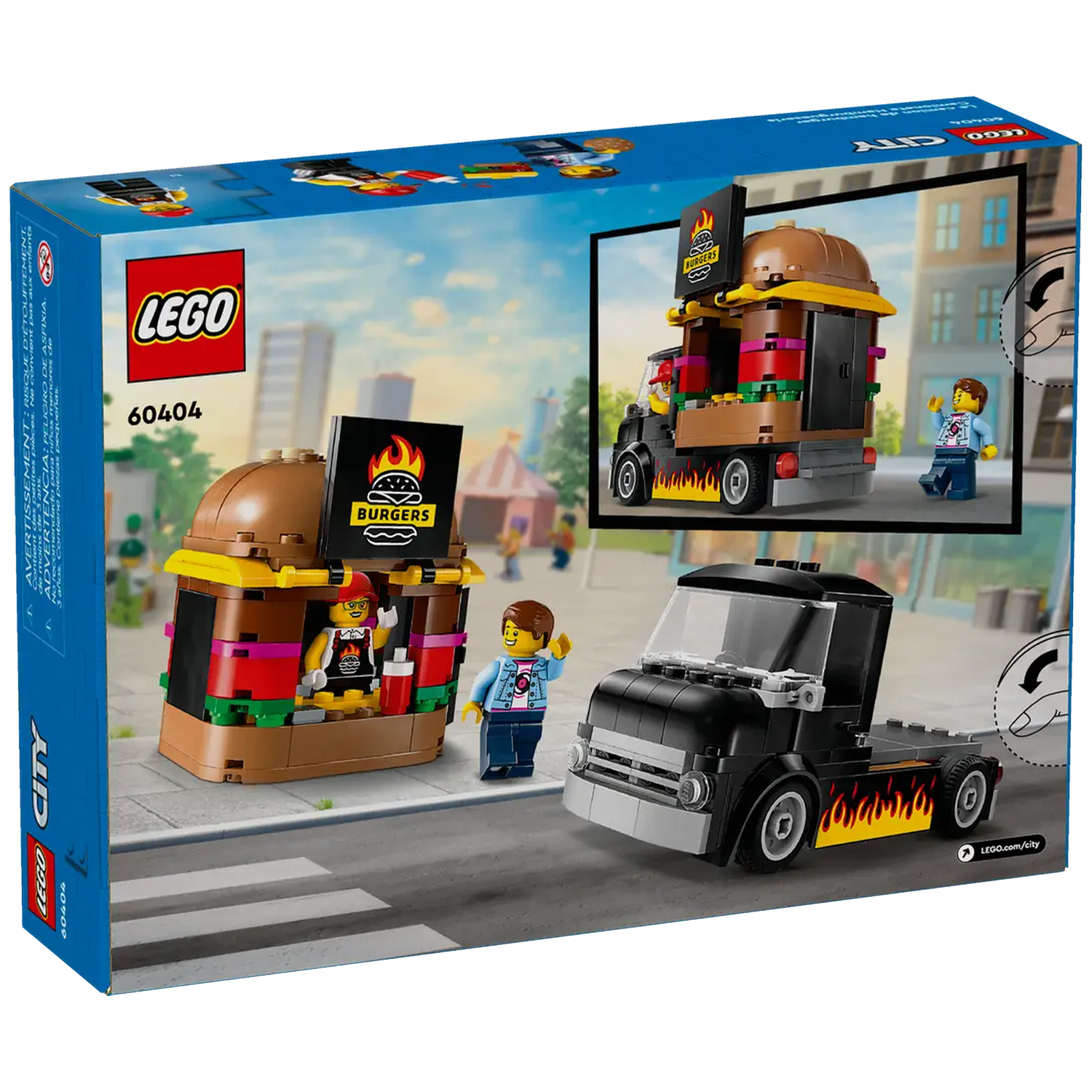 Lego City burger truck set. Box shows a black truck, burger stand, and minifigures. Flames on truck sides.
