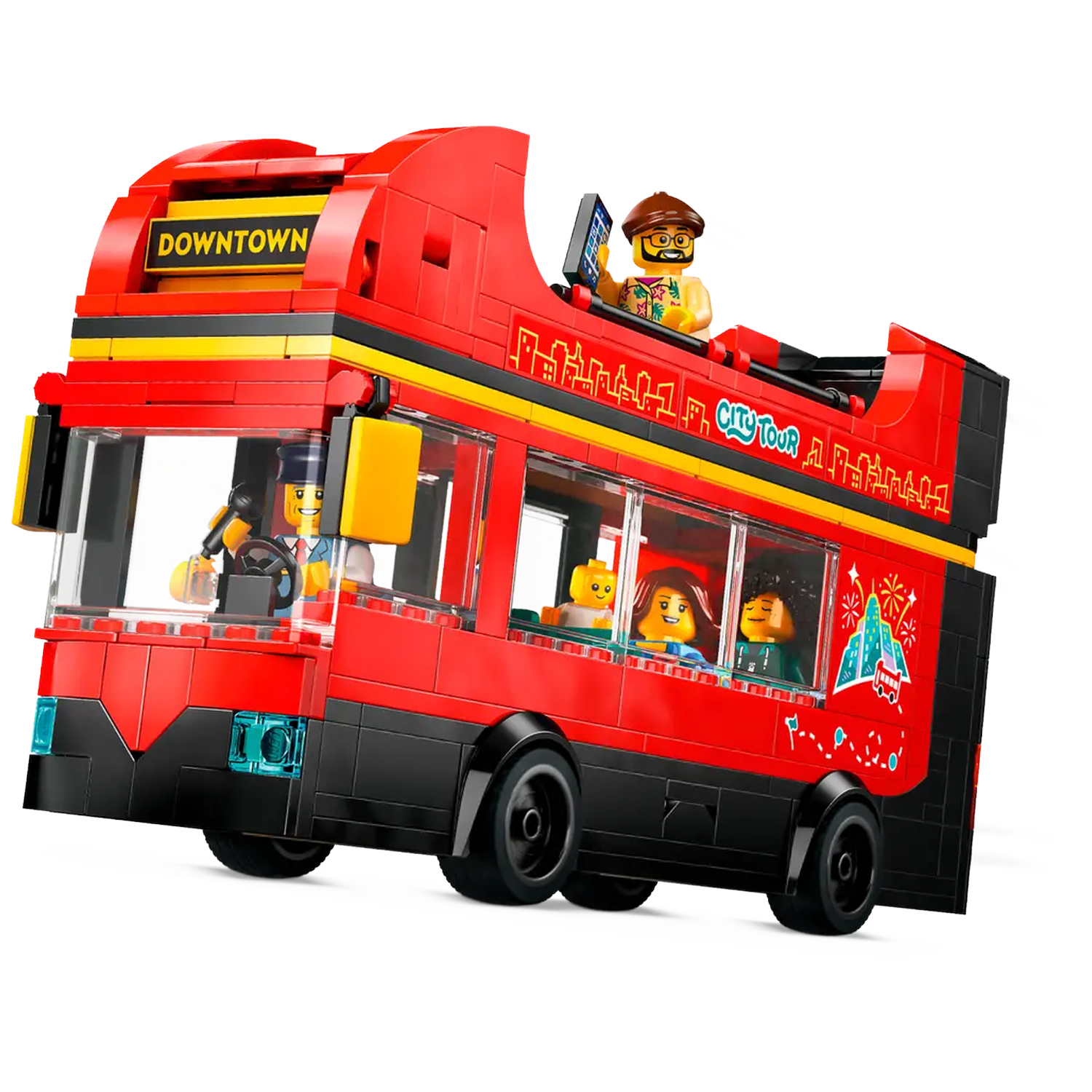 A red double-decker bus toy with passengers and driver. Features 'Downtown' sign, 'City Tour' logo, and passengers. Black wheels on white.