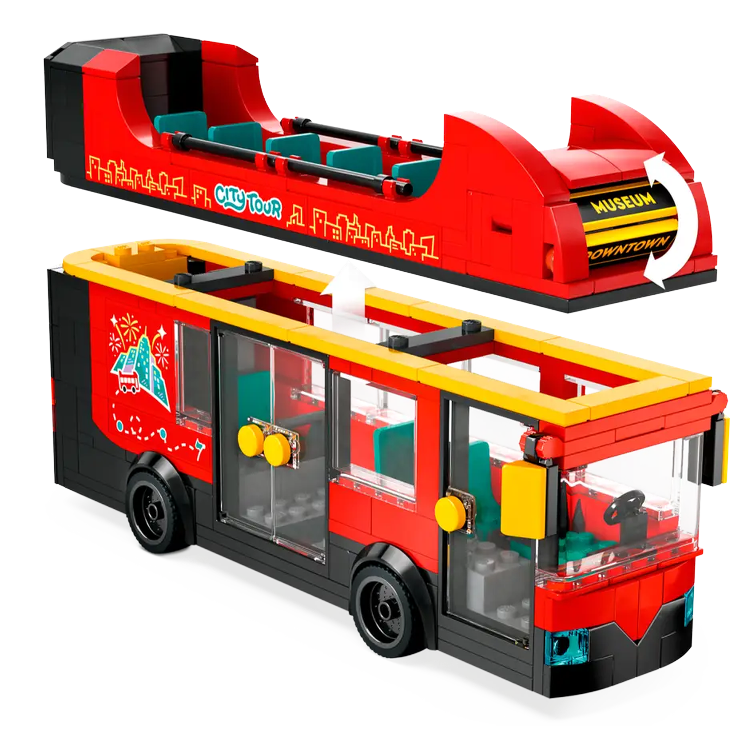 A Lego city tour bus, red and yellow, with a detachable top. Features transparent windows and black wheels. Includes a museum sign.