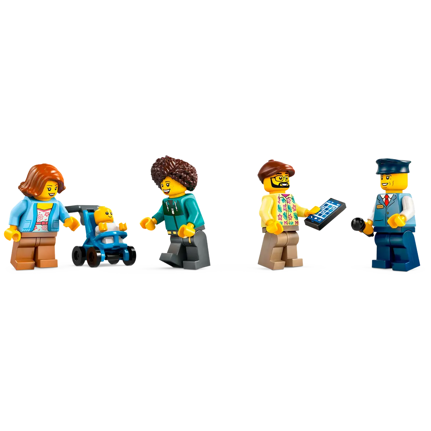 Lego figures: a woman, a person with afro hair, a man with a phone, and a person in uniform. A baby in a blue stroller is present.