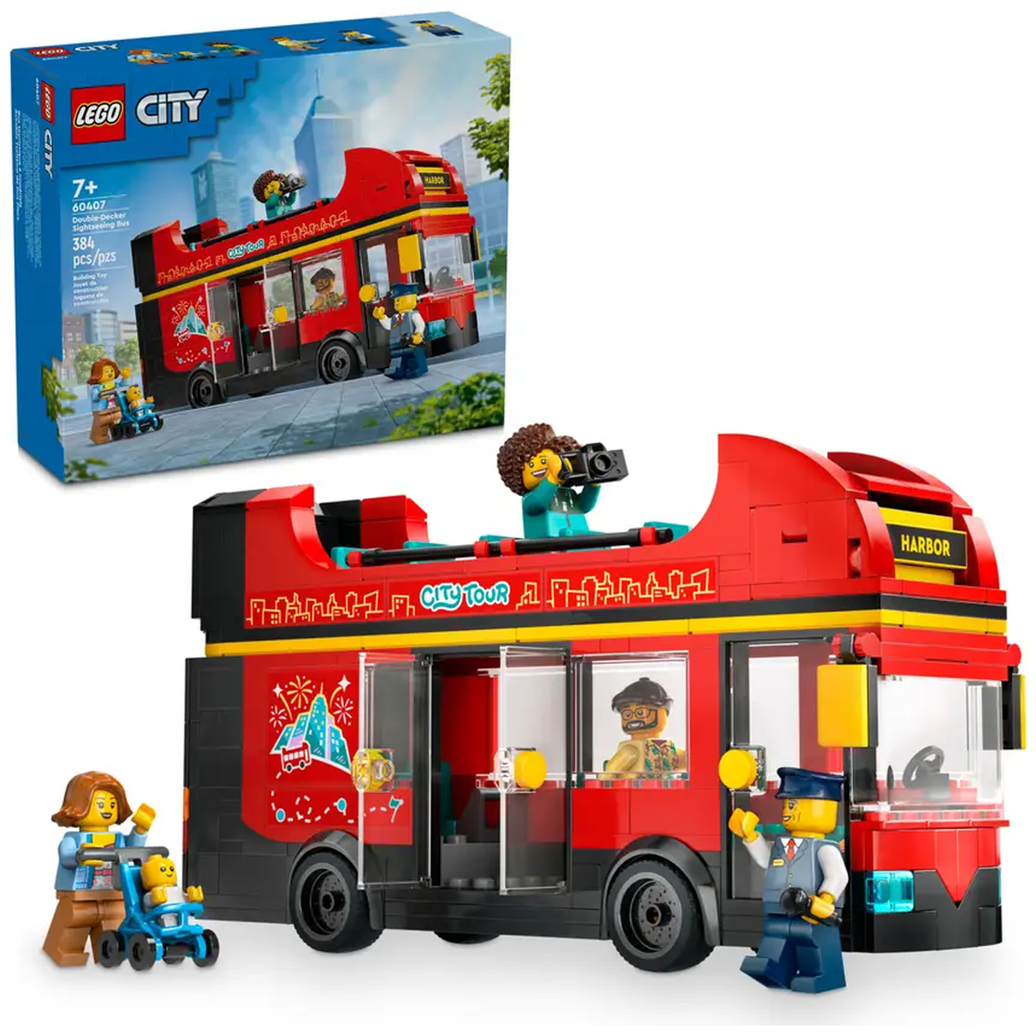 A Lego City double-decker bus toy set. Features minifigures, including a driver, passengers, and a photographer. Boxed set with 384 pieces.