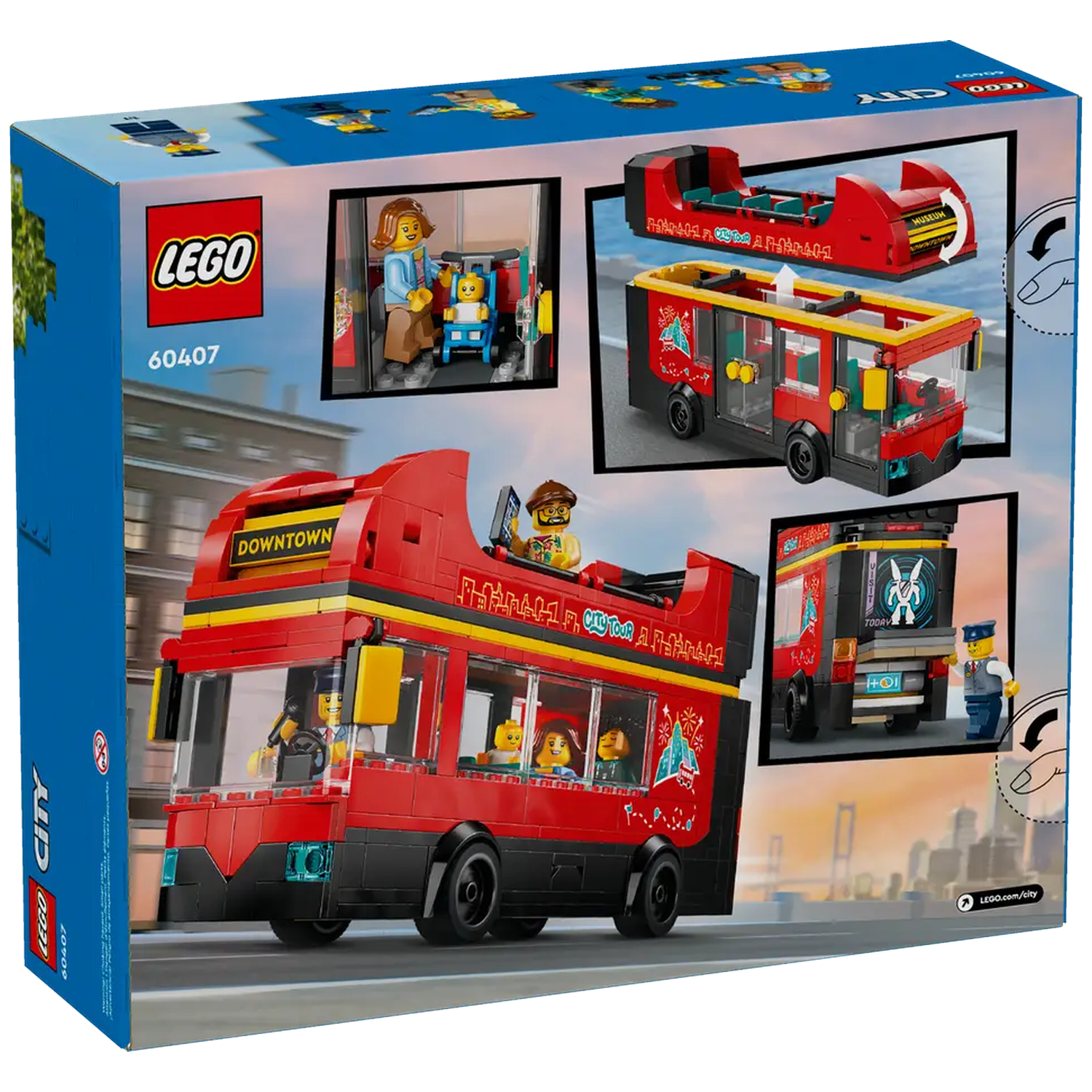 The box shows a LEGO City double-decker bus. It is red with black wheels. There are mini-figures and a museum scene.