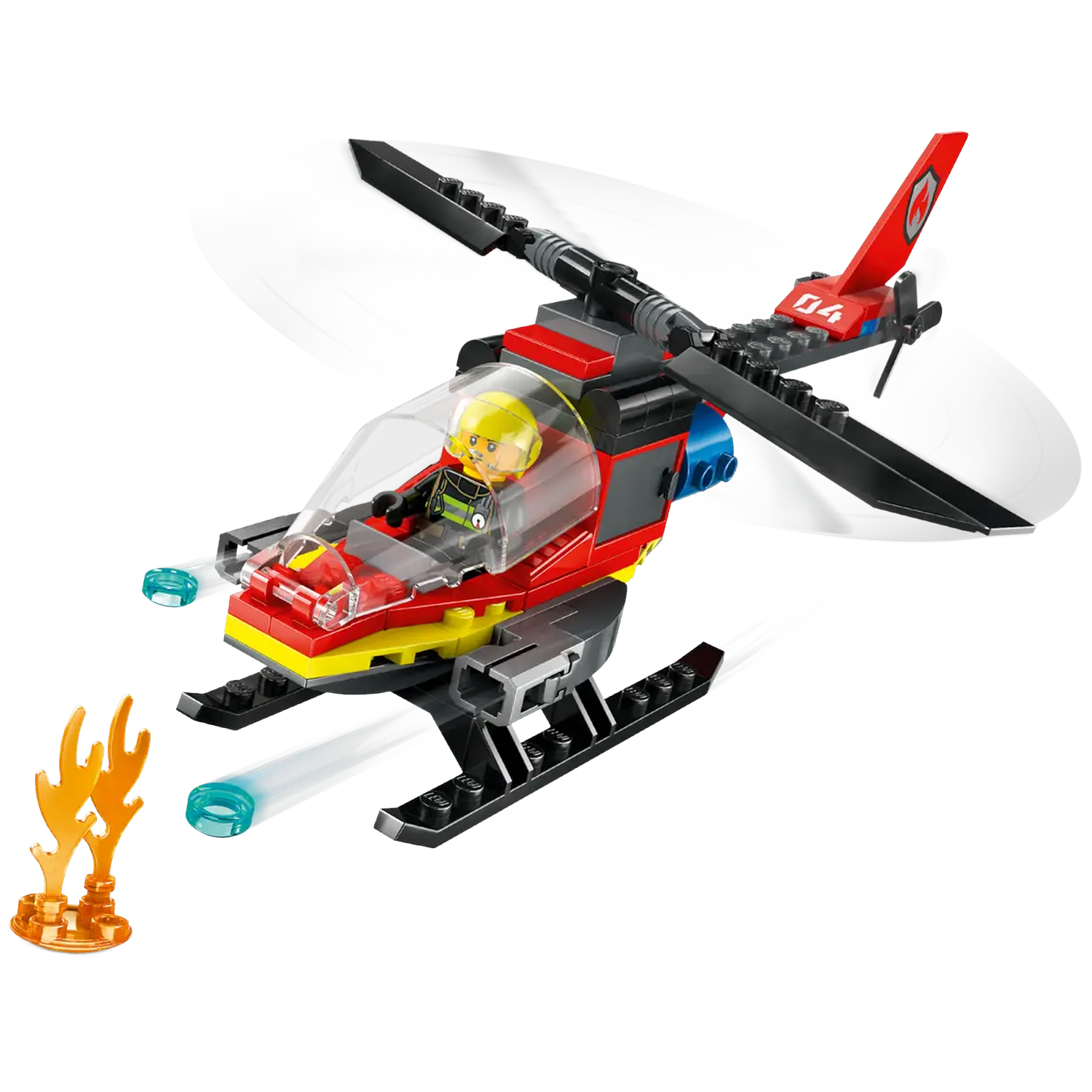 A Lego fire rescue helicopter with a pilot. The helicopter is red, yellow, and black. A small fire is on the left.