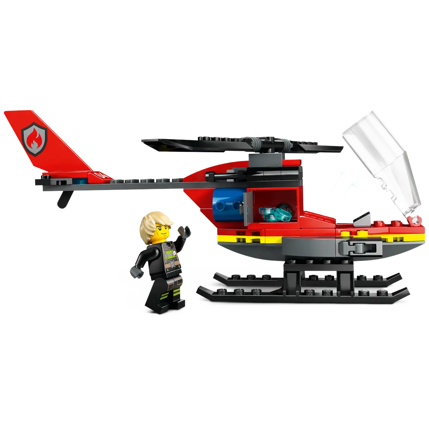 A Lego fire helicopter with a red body, black rotor blades, and a firefighter waving. The helicopter has a transparent cockpit.
